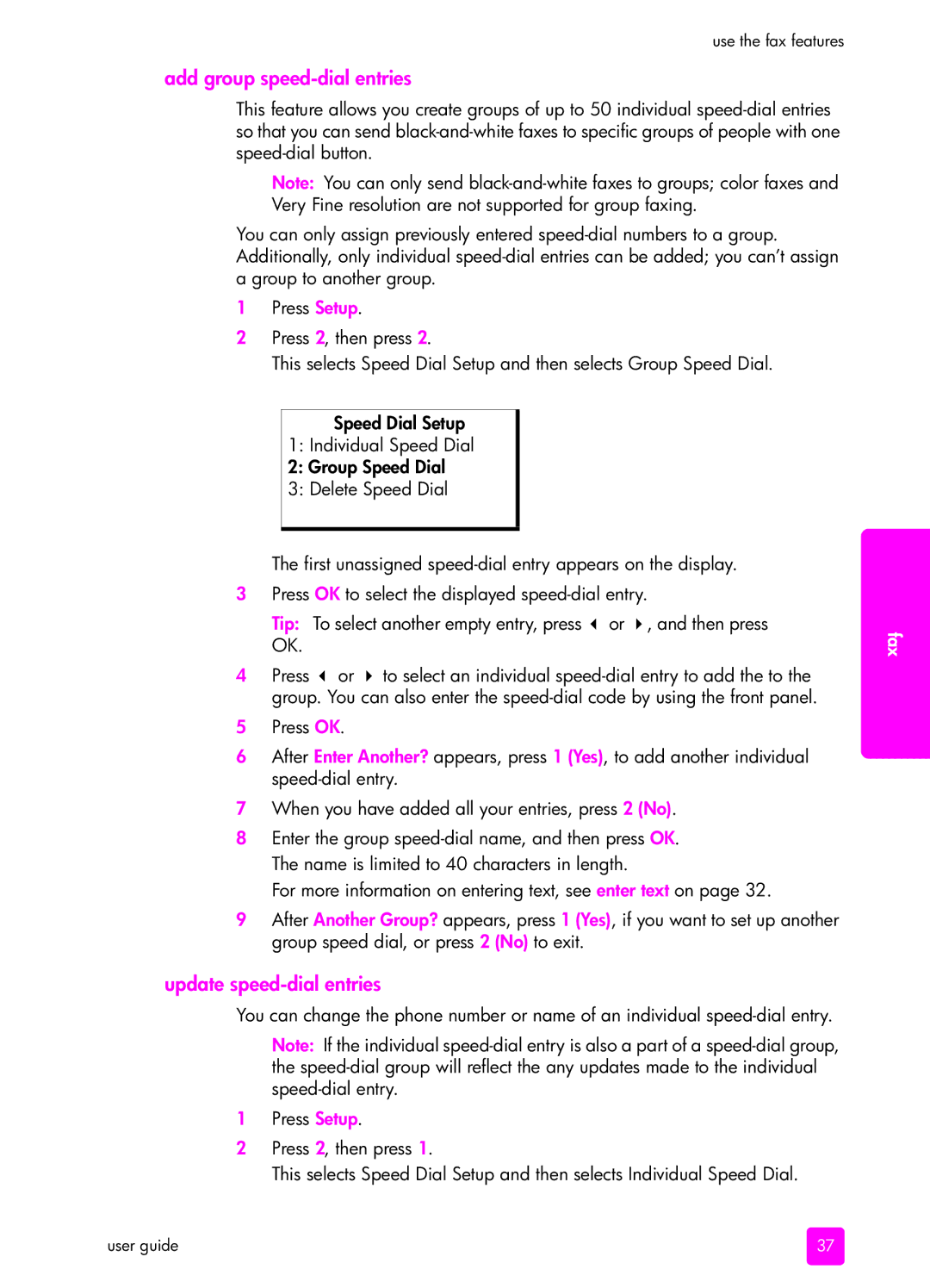 HP 1240 manual Add group speed-dial entries, Update speed-dial entries 