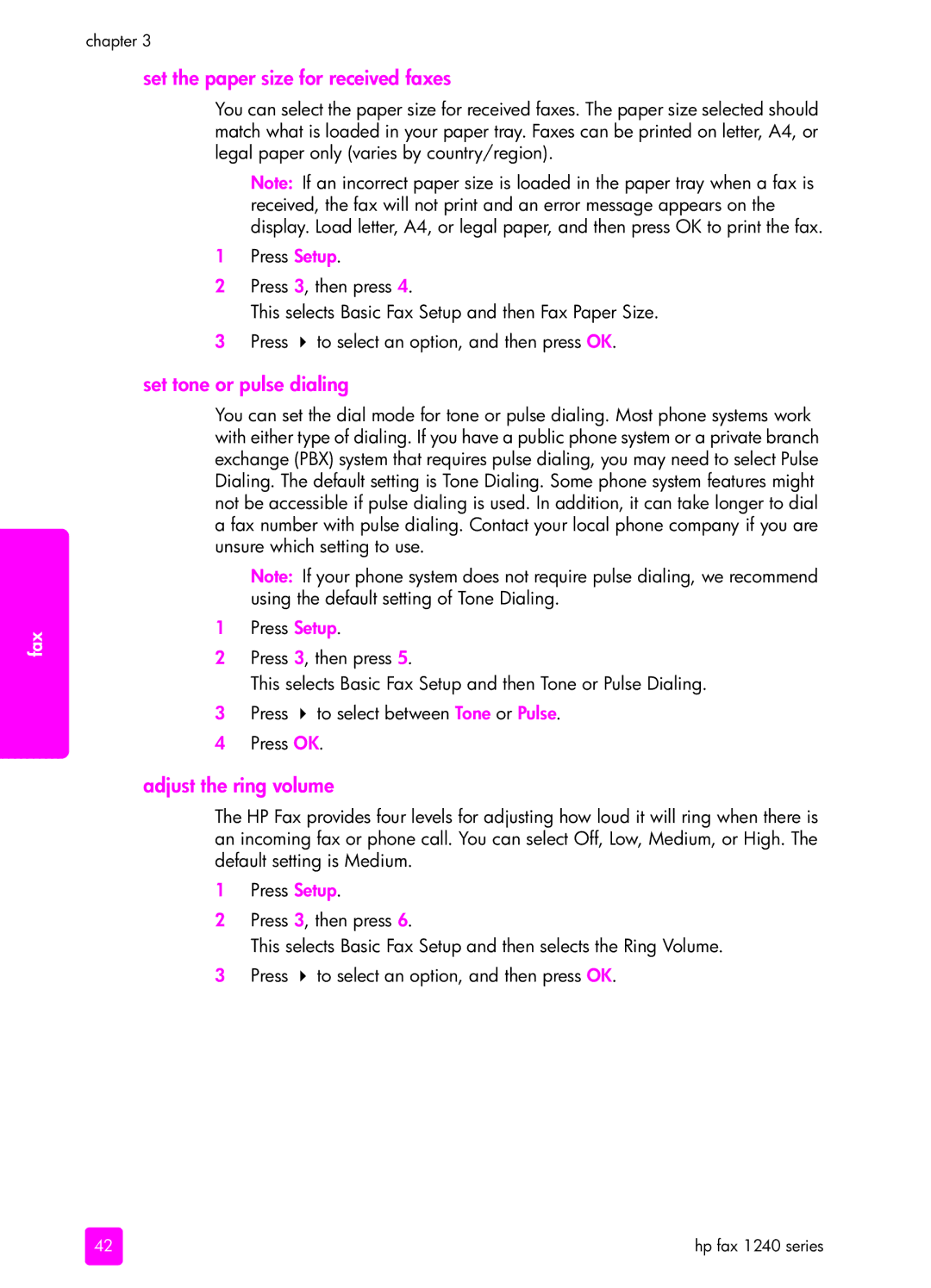 HP 1240 manual Set the paper size for received faxes, Set tone or pulse dialing, Adjust the ring volume 