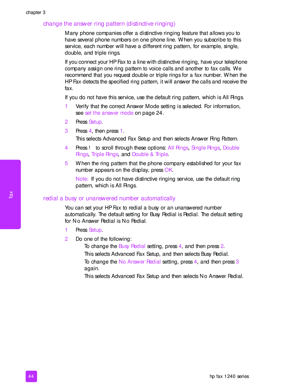 HP 1240 manual Change the answer ring pattern distinctive ringing, Redial a busy or unanswered number automatically 