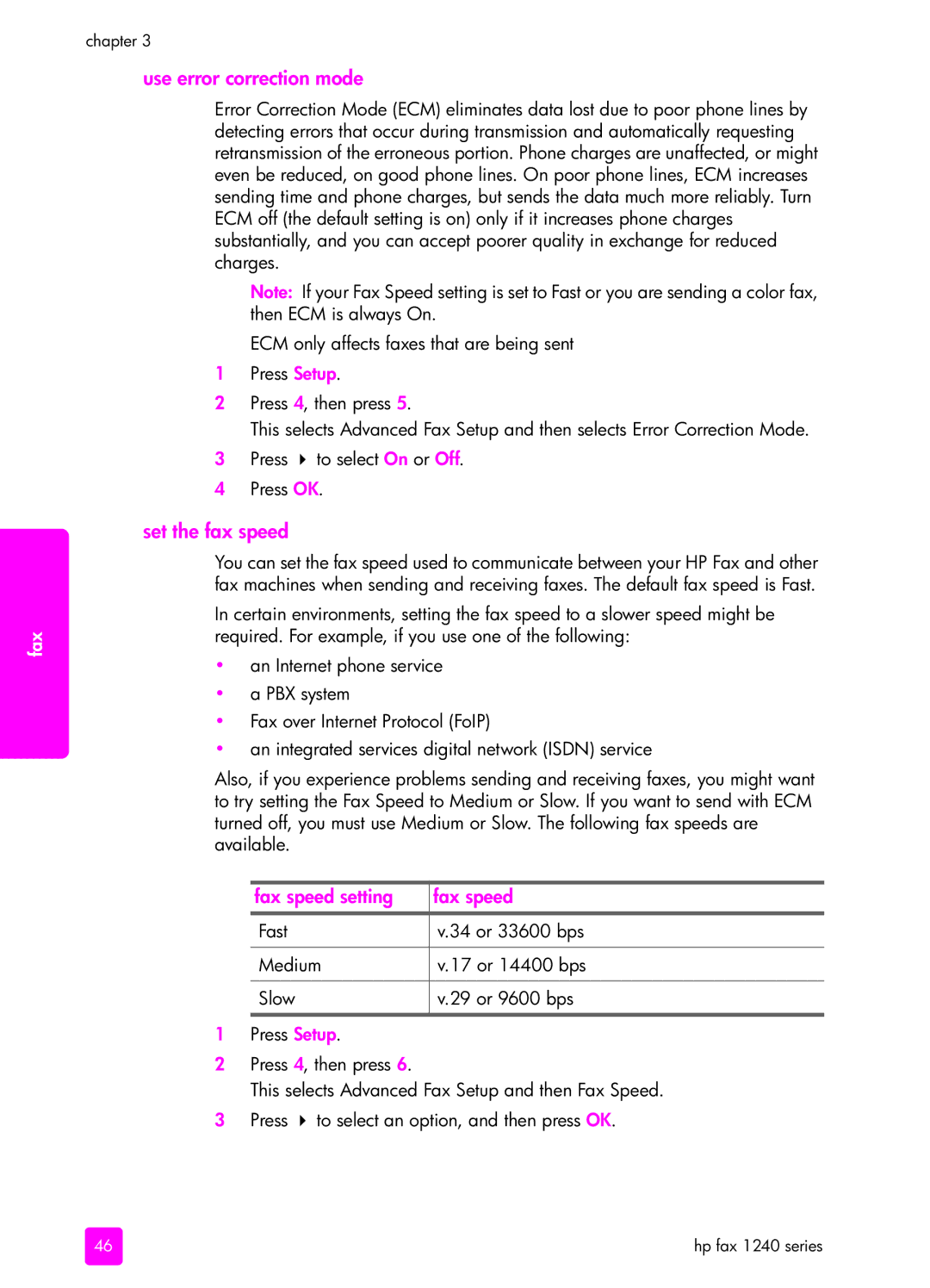 HP 1240 manual Use error correction mode, Set the fax speed, Fax speed setting 