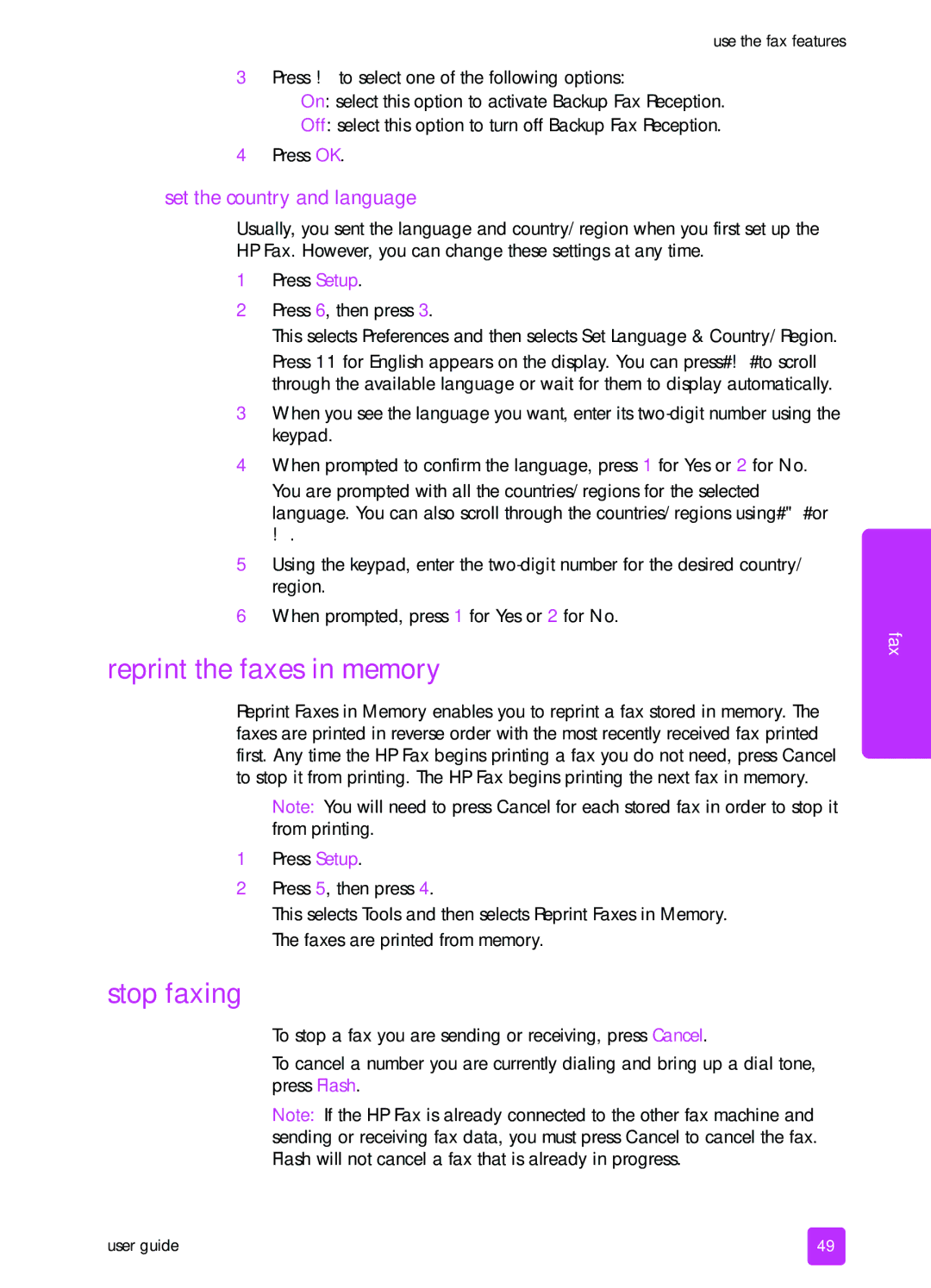 HP 1240 manual Reprint the faxes in memory, Stop faxing, Set the country and language 