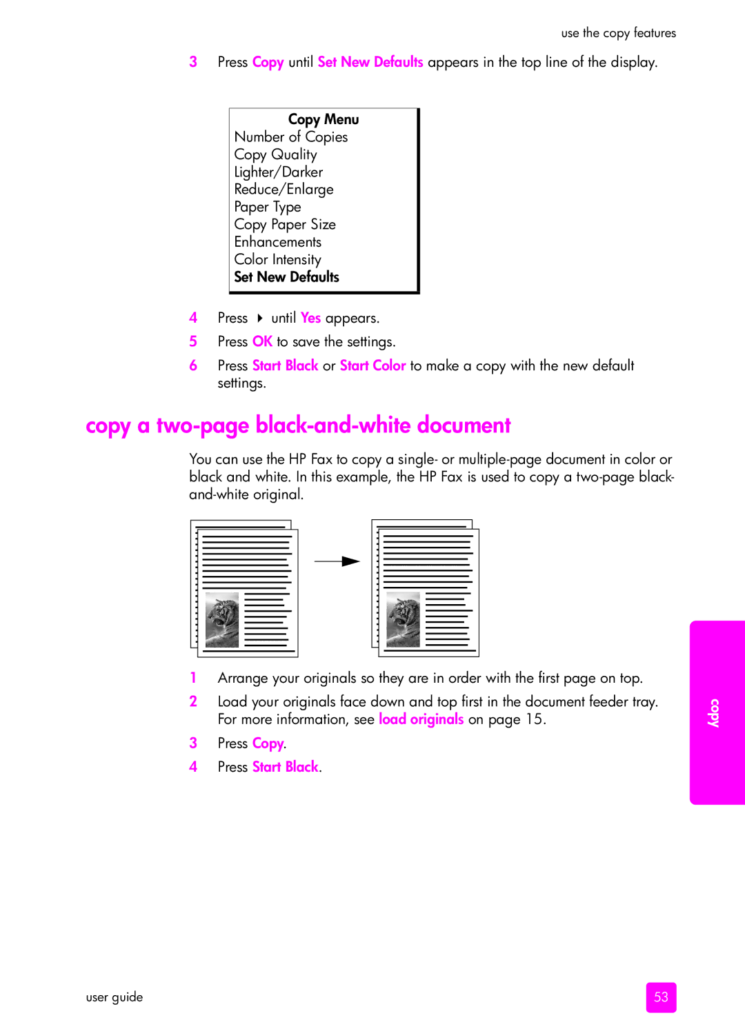 HP 1240 manual Copy a two-page black-and-white document, Press Start Black 