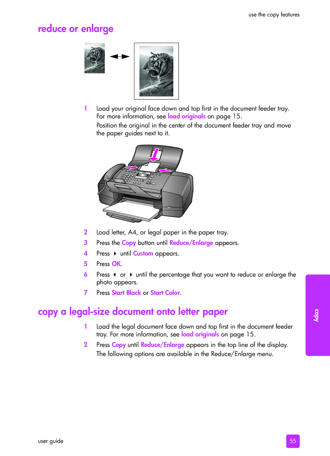 HP 1240 manual Reduce or enlarge, Copy a legal-size document onto letter paper 