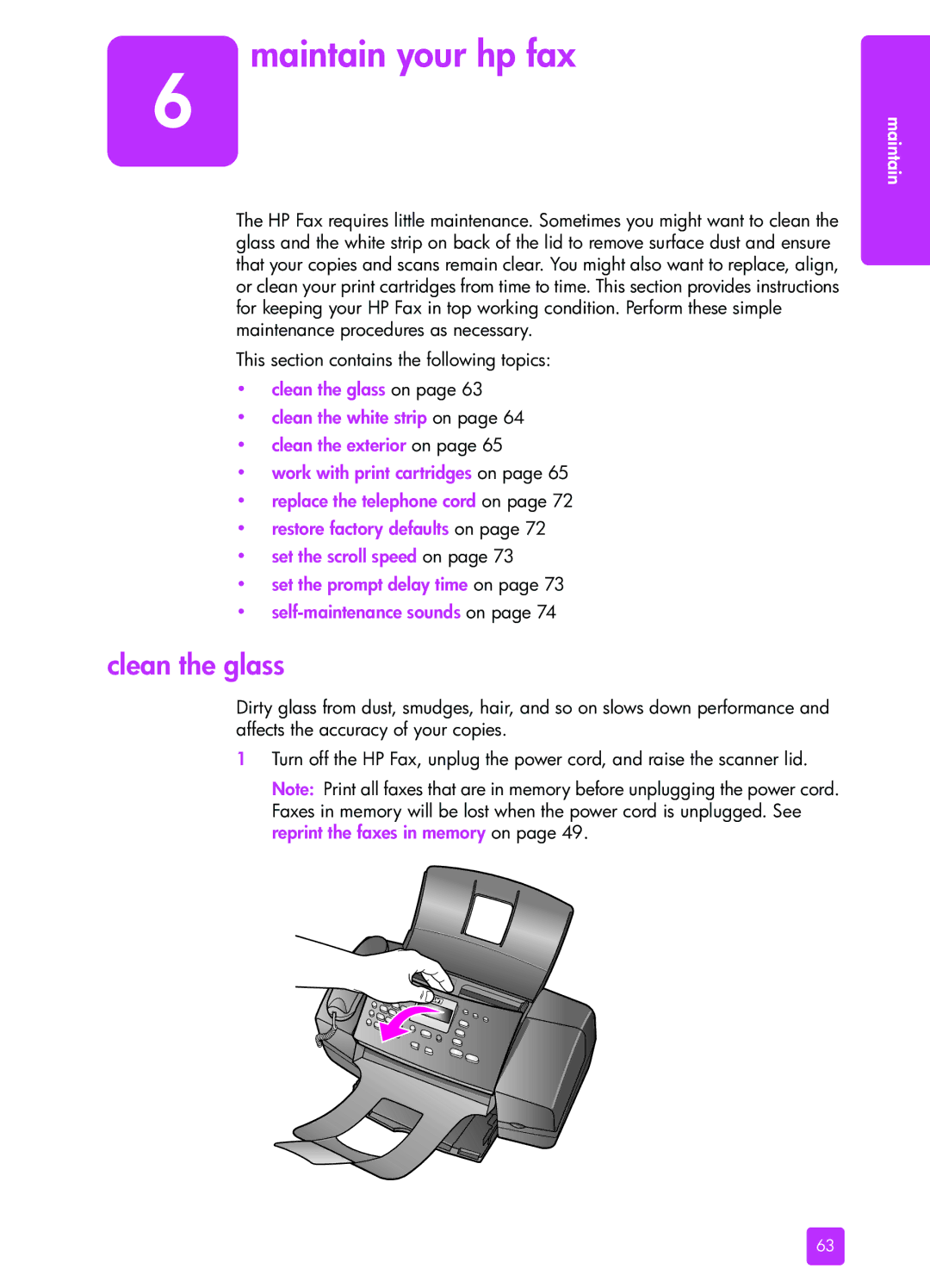 HP 1240 manual Maintain your hp fax, Clean the glass 