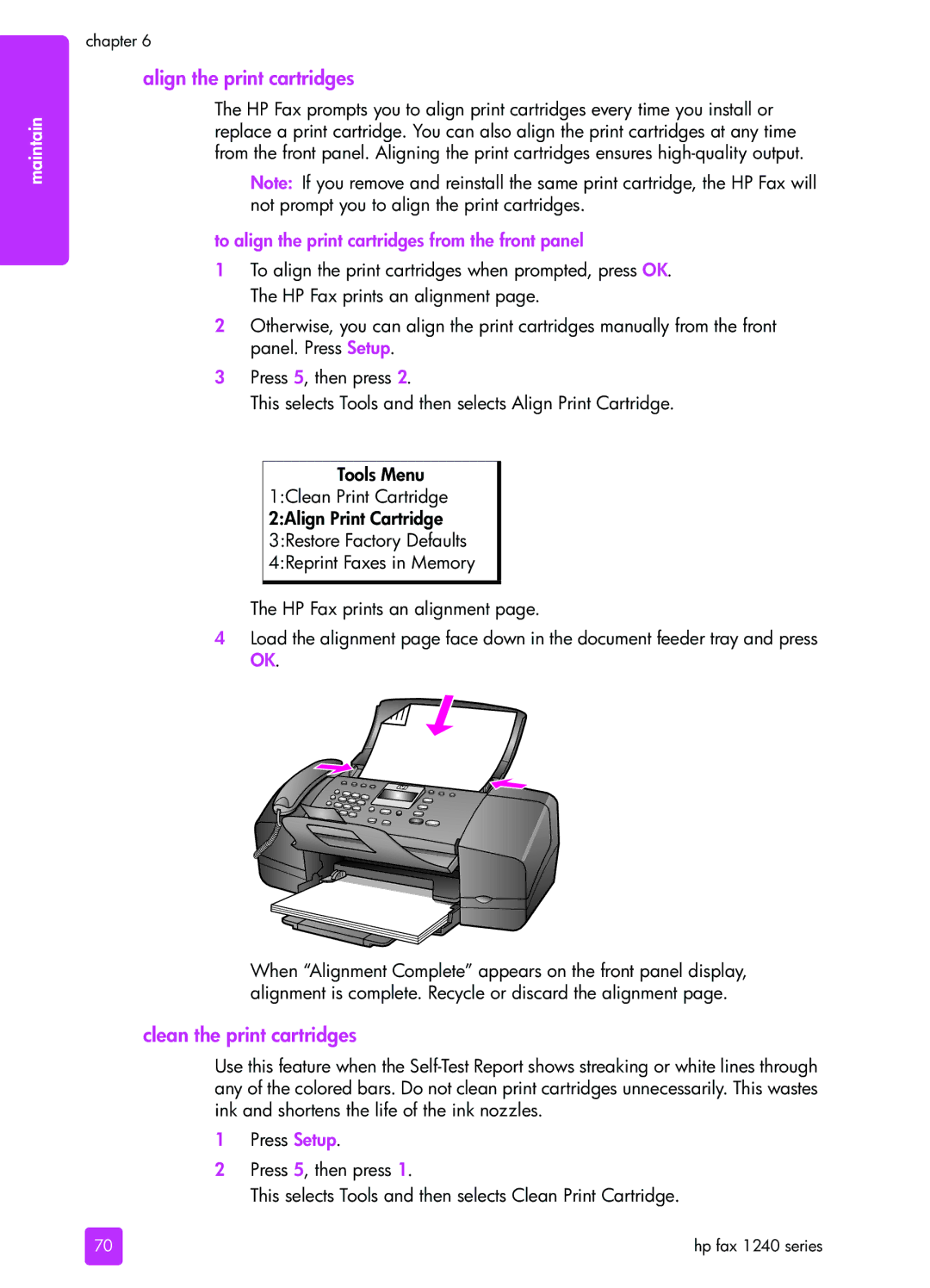 HP 1240 manual Align the print cartridges, Clean the print cartridges, To align the print cartridges from the front panel 