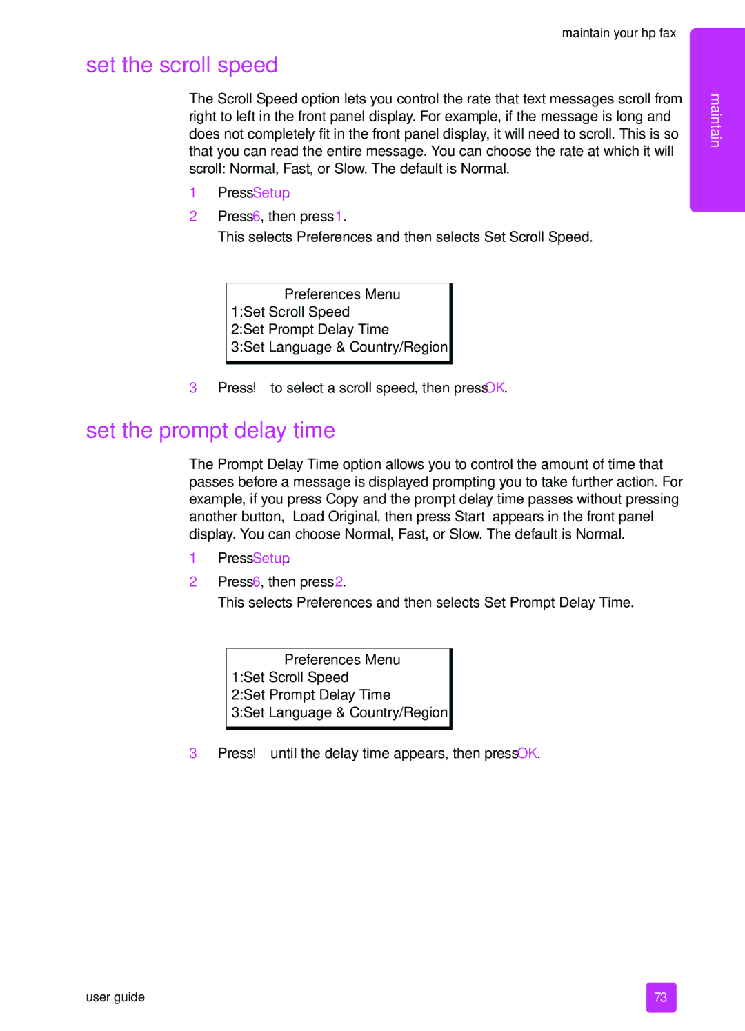 HP 1240 manual Set the scroll speed, Set the prompt delay time 