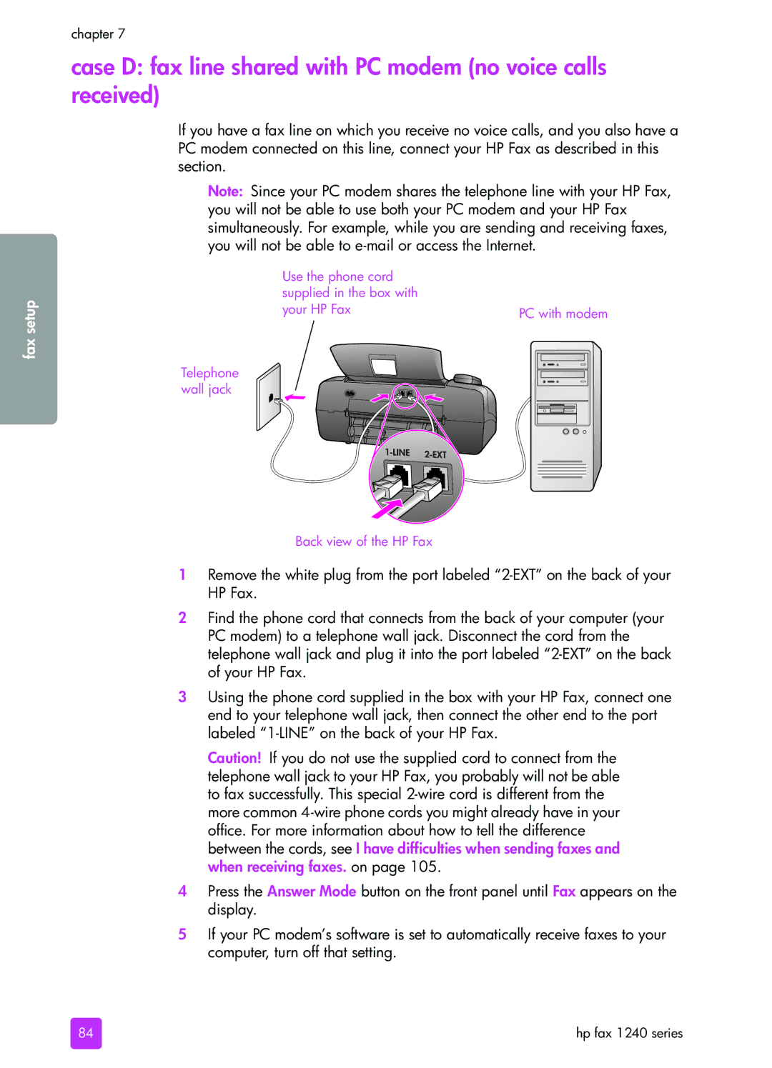 HP 1240 manual Case D fax line shared with PC modem no voice calls received 