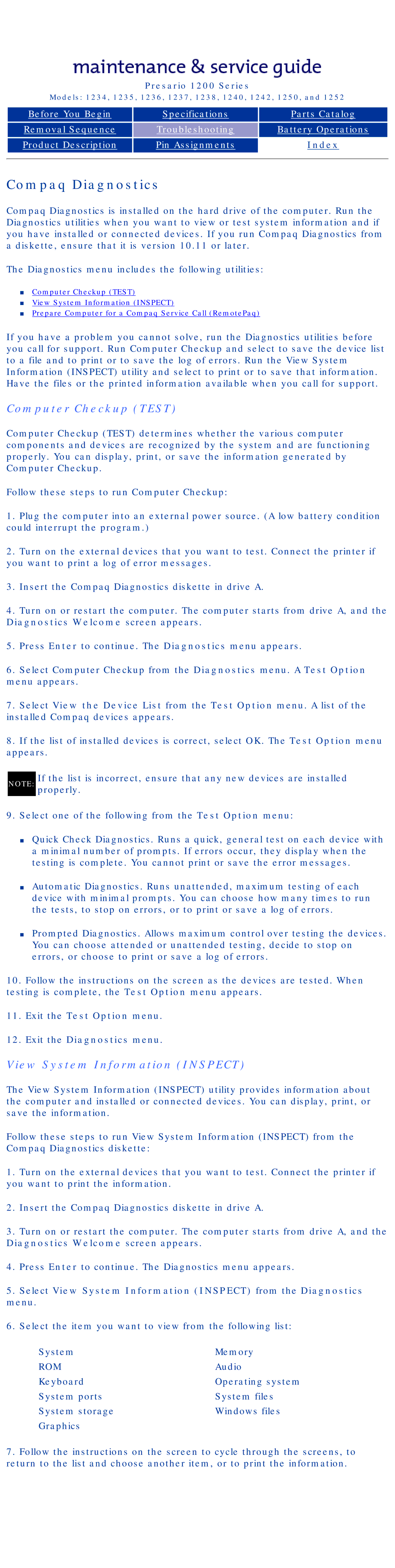 HP 1234, 1242 manual Compaq Diagnostics, Computer Checkup Test, View System Information Inspect, Audio 