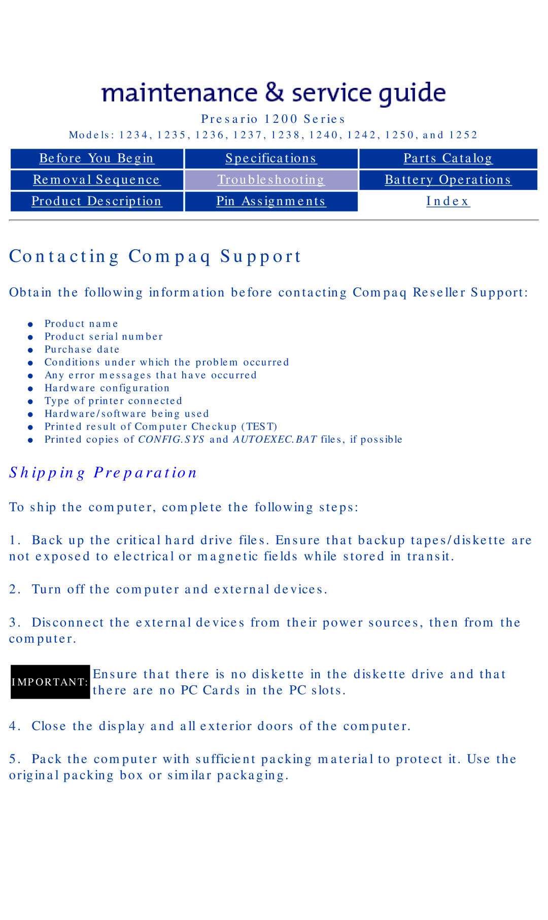 HP 1242, 1234 manual Contacting Compaq Support, Shipping Preparation 