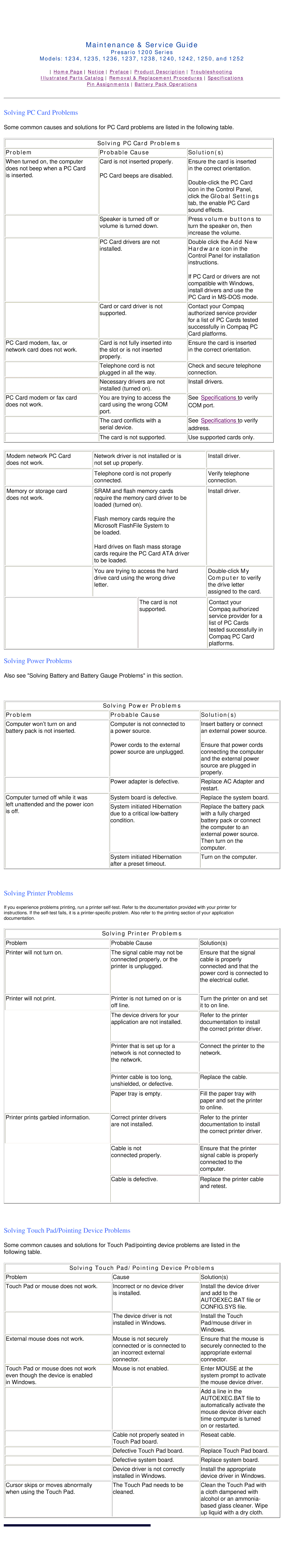 HP 1234, 1242 manual Solving PC Card Problems, Solving Power Problems, Solving Printer Problems 