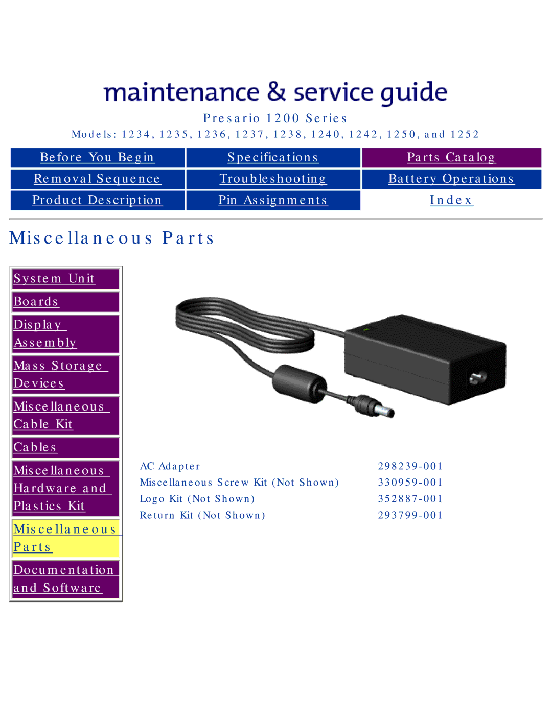 HP 1242, 1234 manual Miscellaneous Parts, Documentation Software 