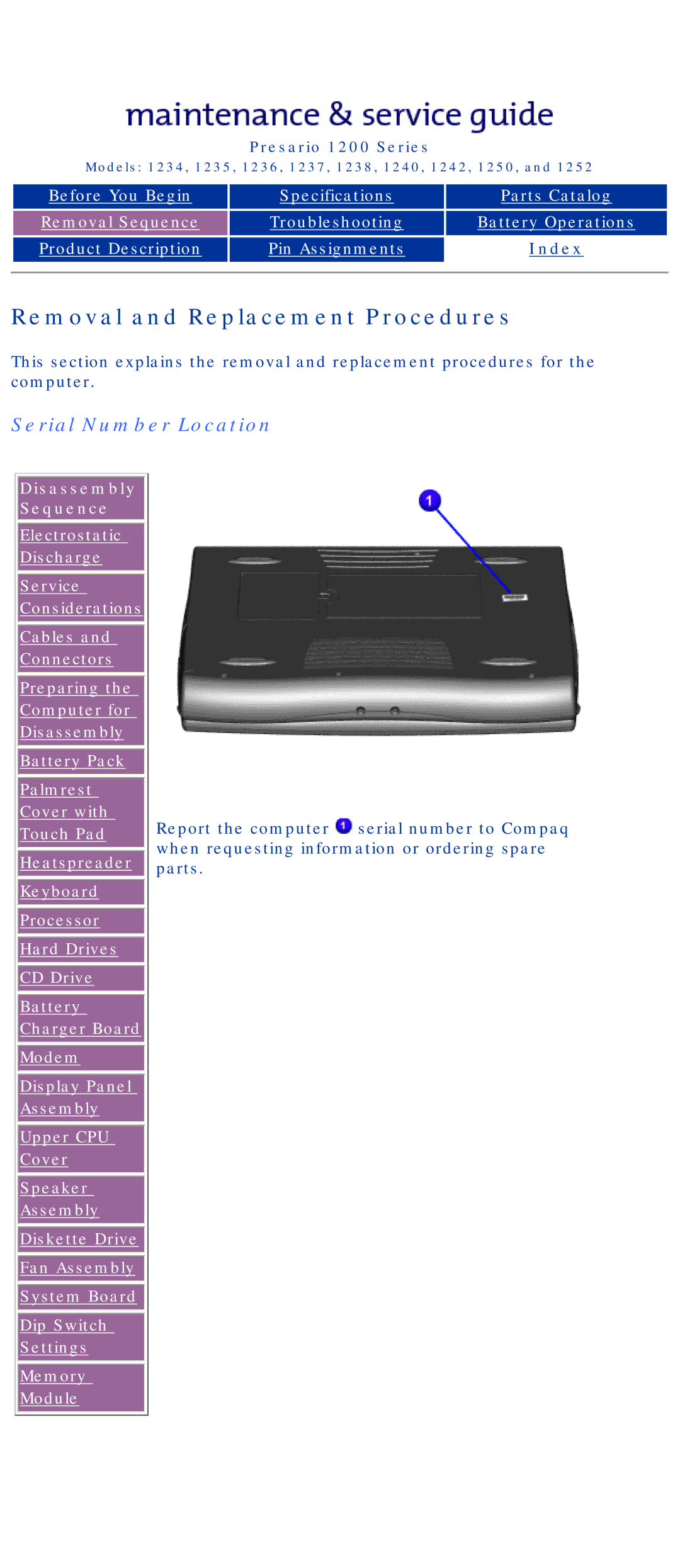 HP 1242, 1234 manual Removal and Replacement Procedures, Serial Number Location 