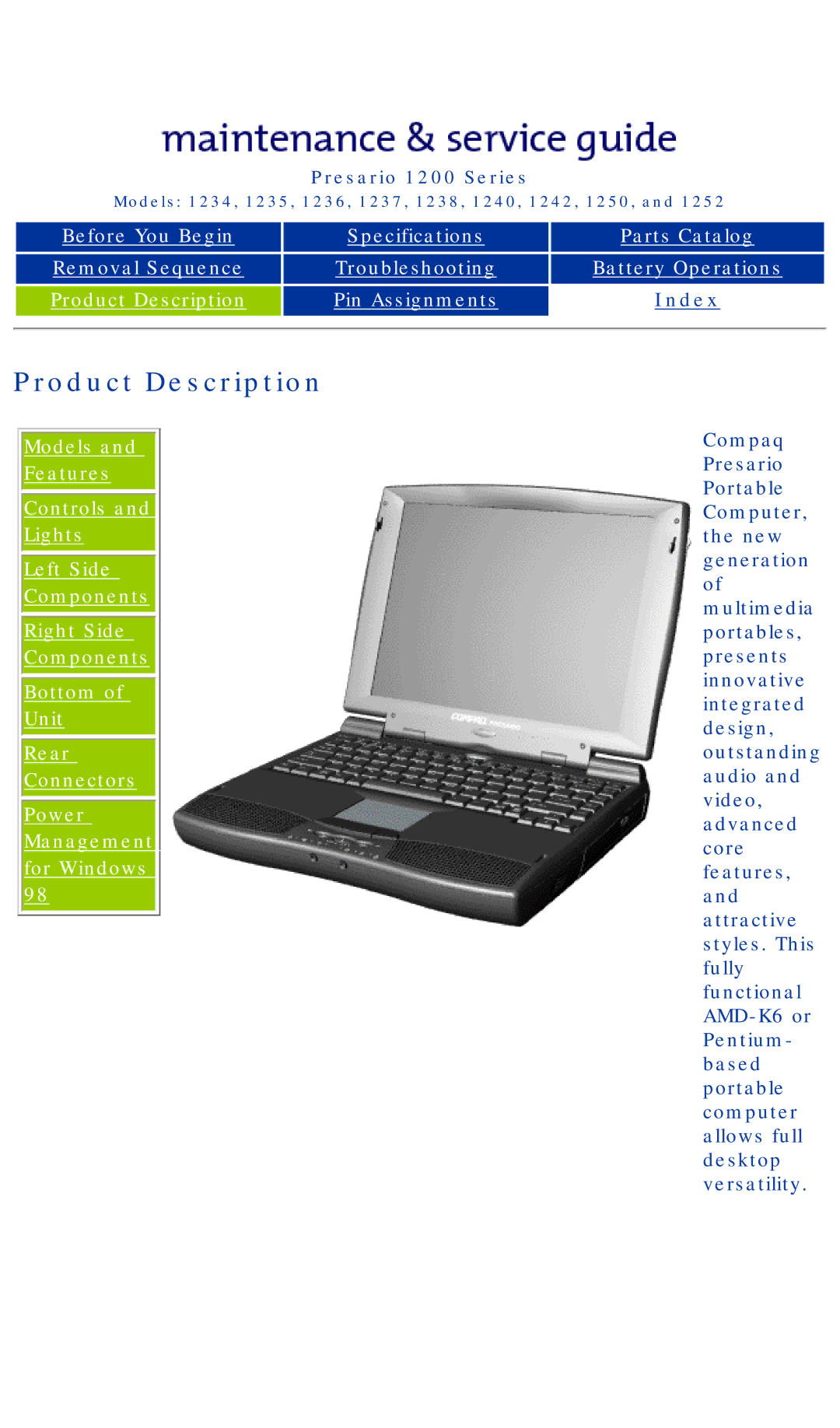 HP 1242, 1234 manual Product Description, Specifications Parts Catalog 