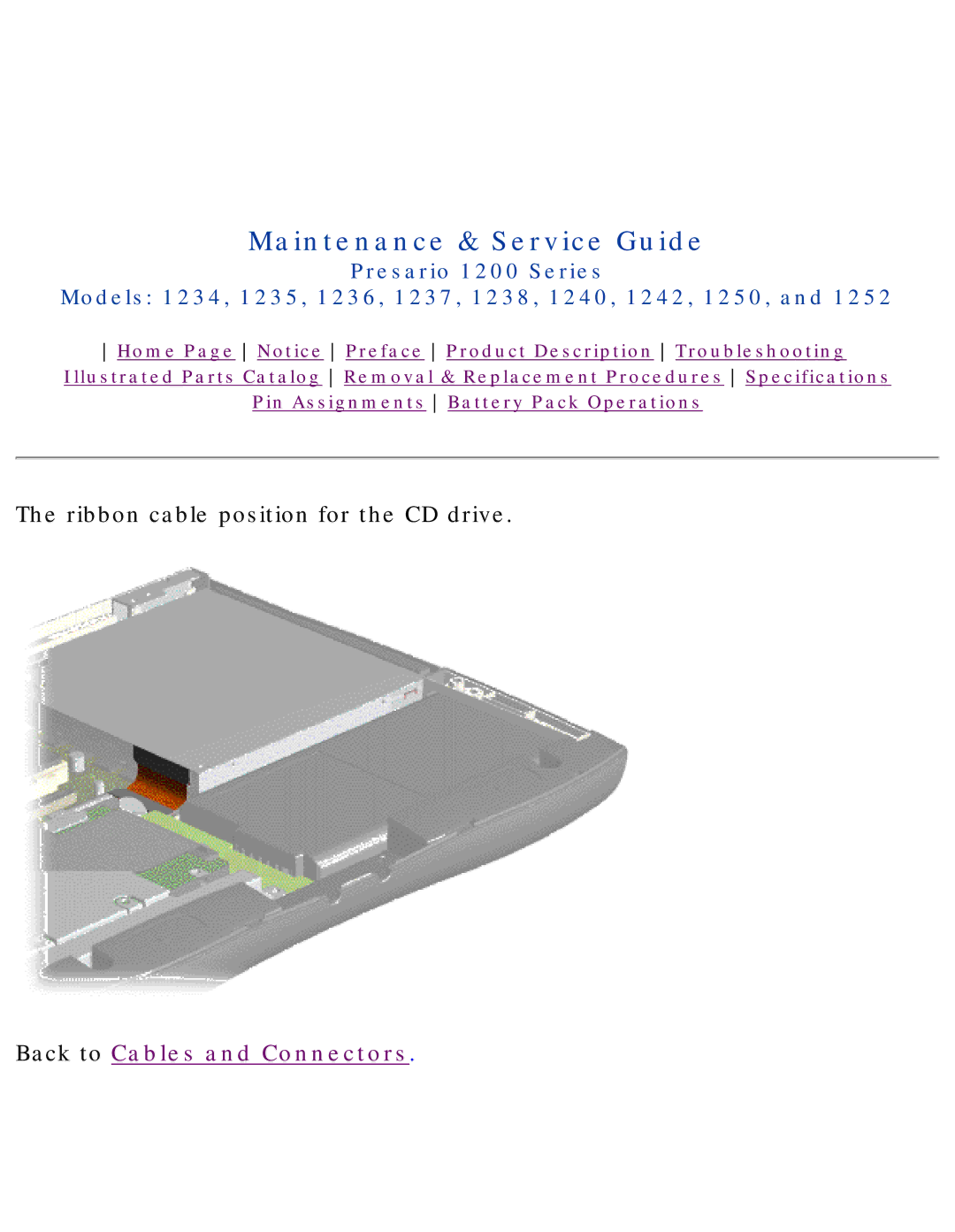 HP 1242, 1234 manual Ribbon cable position for the CD drive 