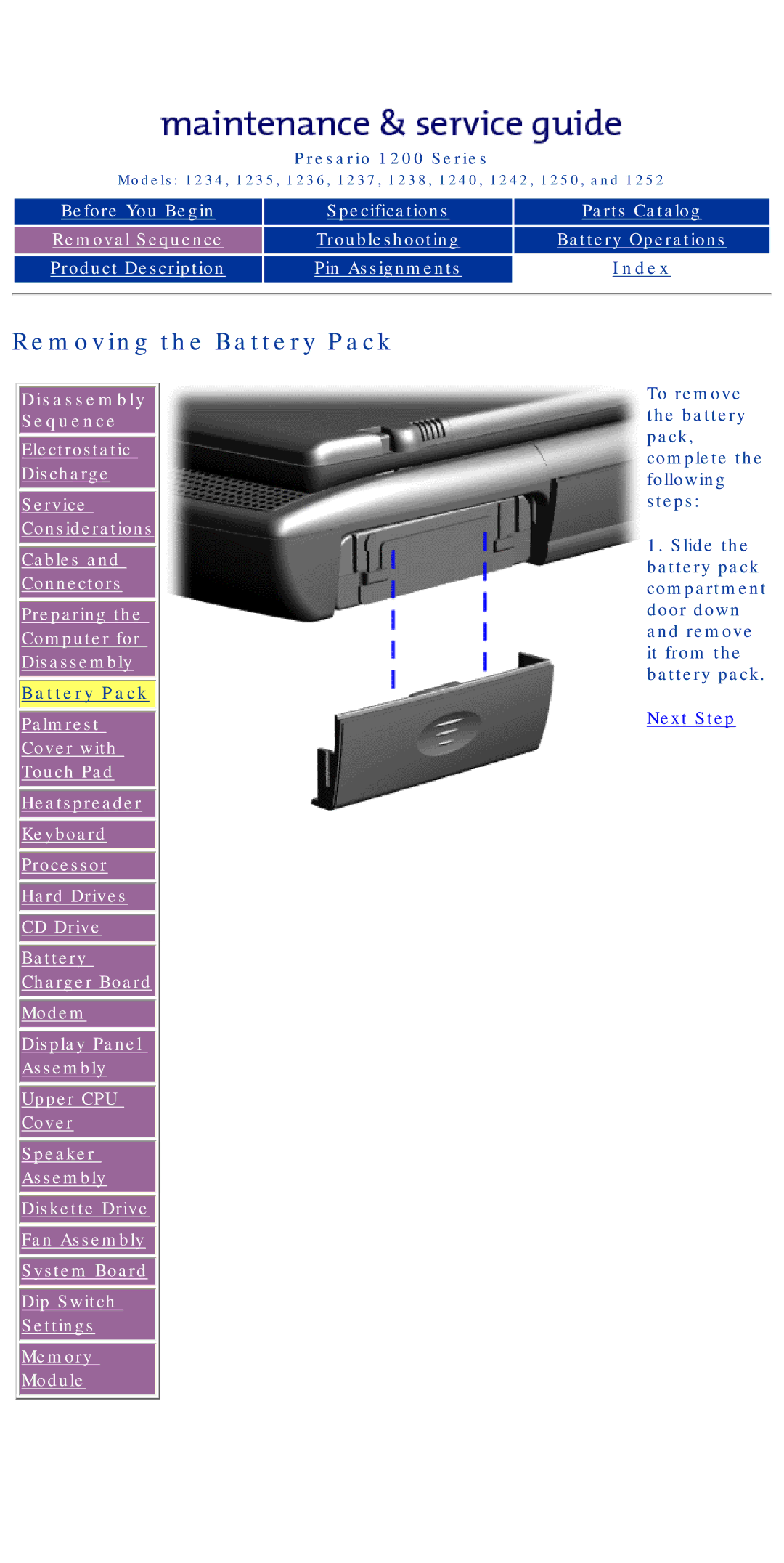 HP 1234, 1242 manual Removing the Battery Pack 