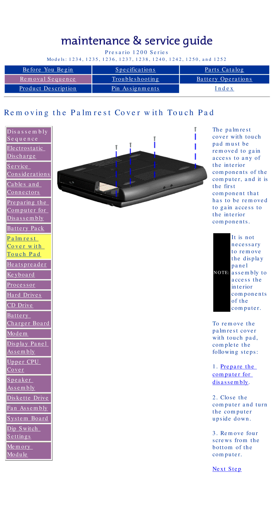 HP 1234, 1242 manual Removing the Palmrest Cover with Touch Pad 