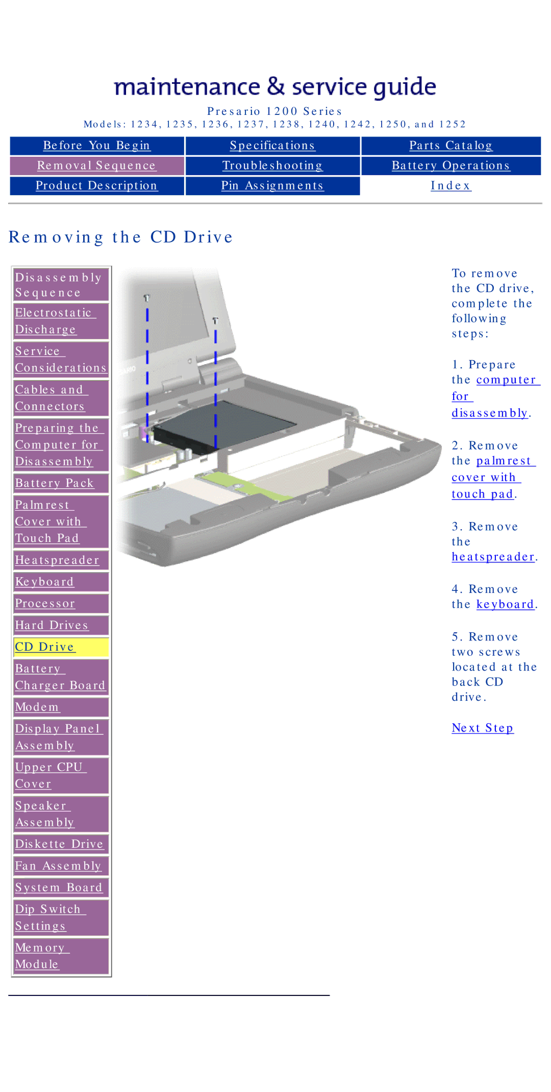 HP 1234, 1242 manual Removing the CD Drive, Specifications Parts Catalog Removal Sequence 