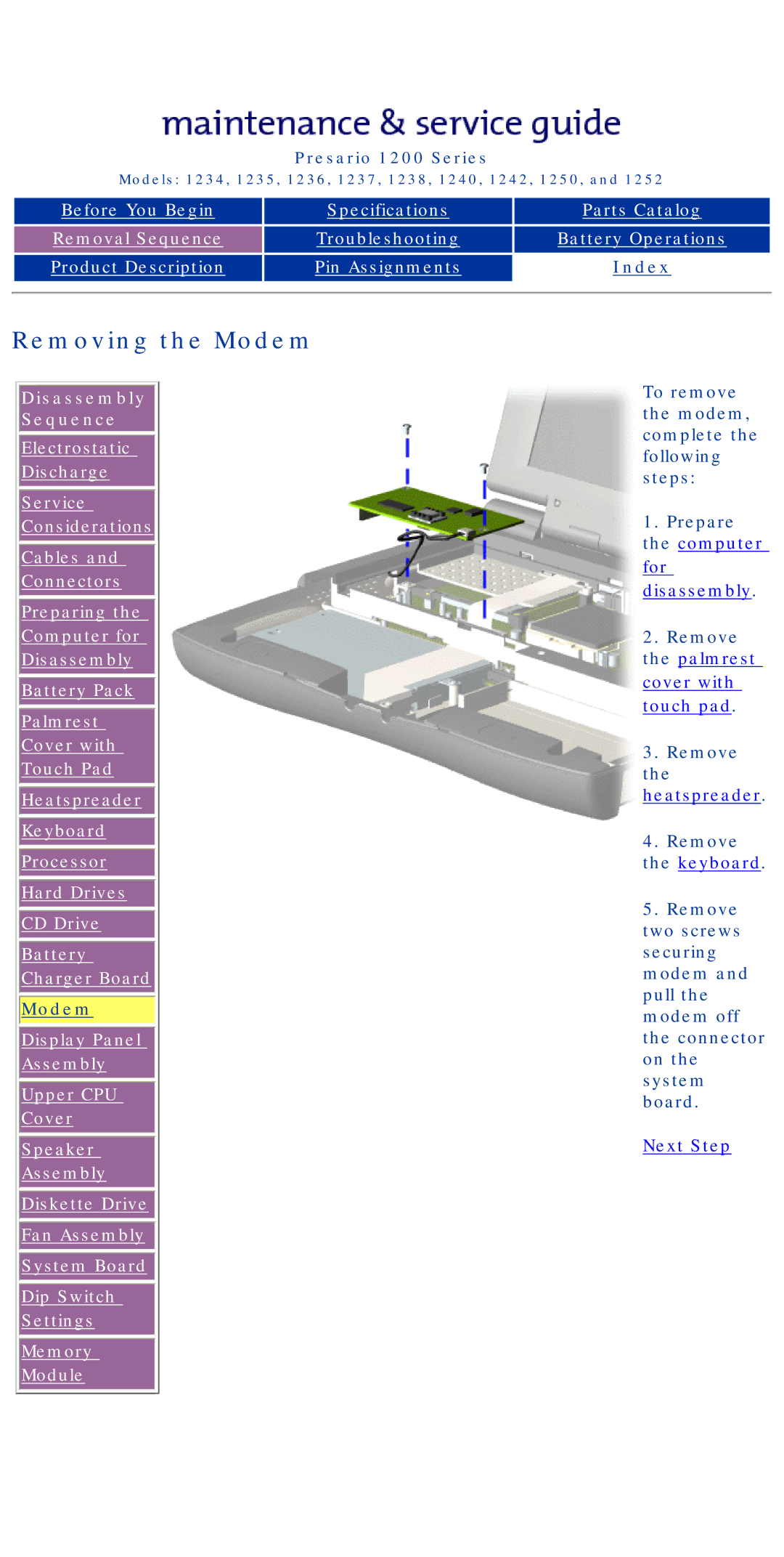 HP 1234, 1242 manual Removing the Modem 