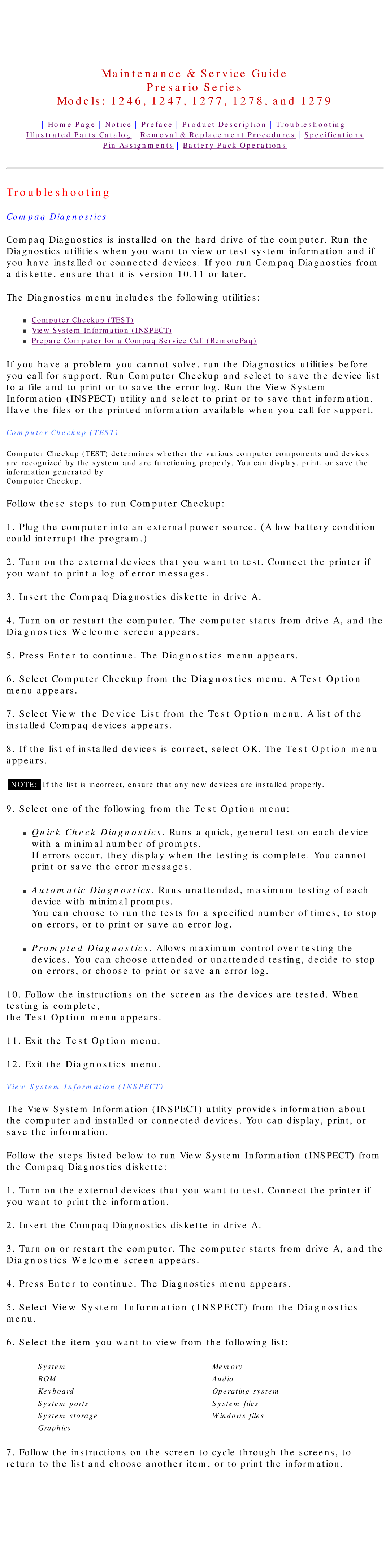 HP 1278, 1277 manual Compaq Diagnostics, Computer Checkup Test 