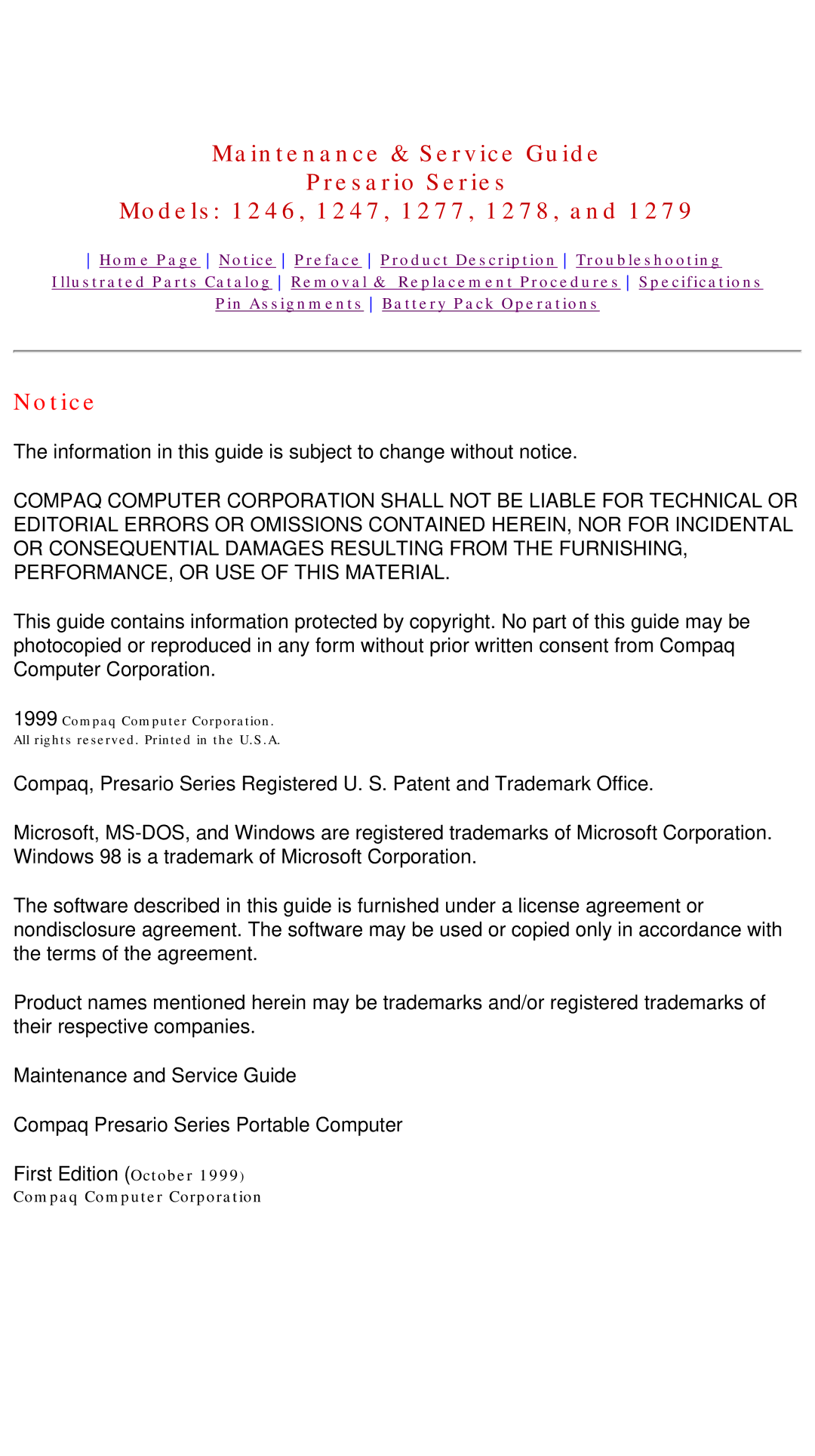 HP 1278, 1277 manual Compaq Computer Corporation 