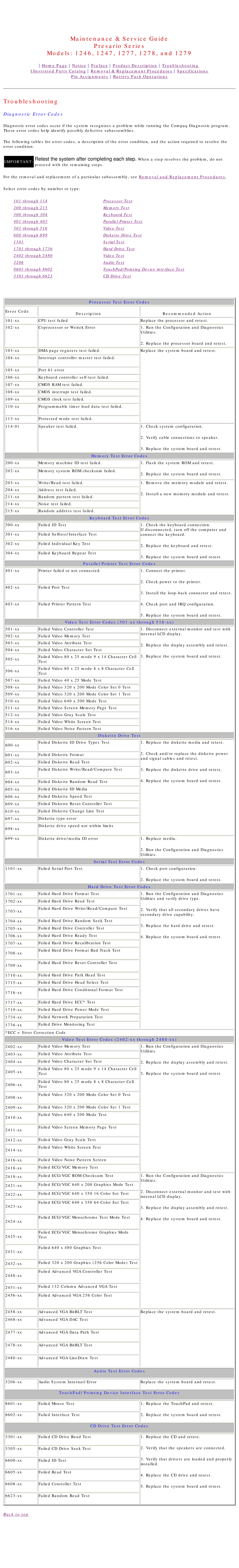 HP 1278, 1277 manual Diagnostic Error Codes, Processor Test Error Codes 