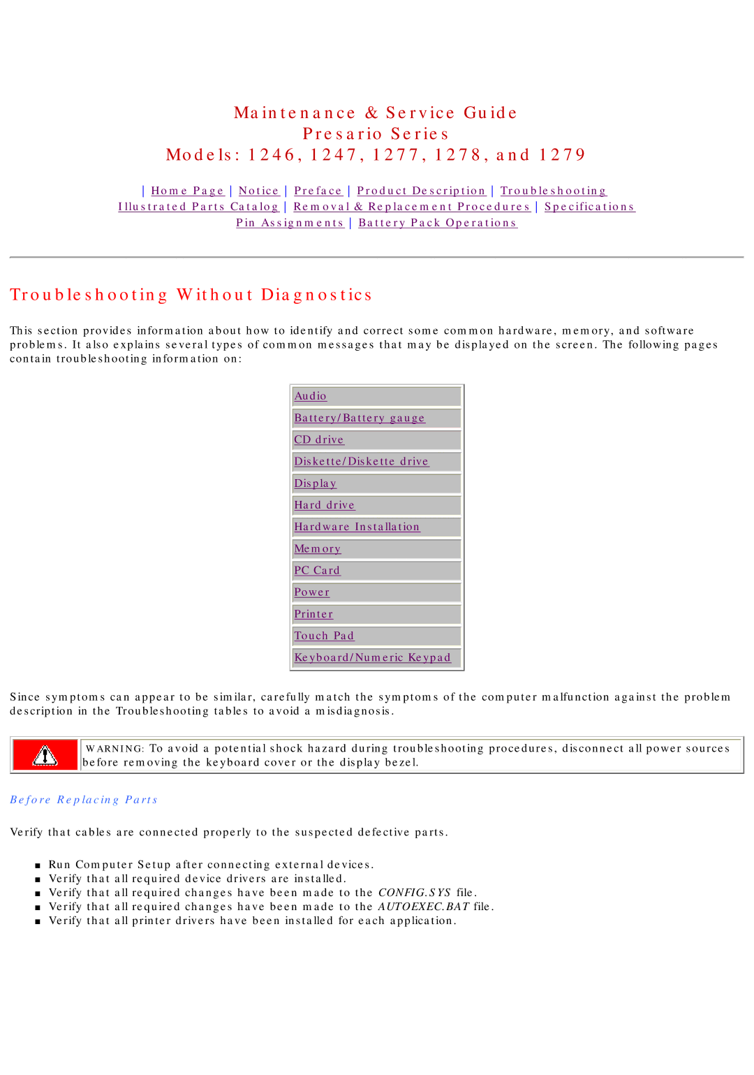 HP 1277, 1278 manual Troubleshooting Without Diagnostics, Before Replacing Parts 