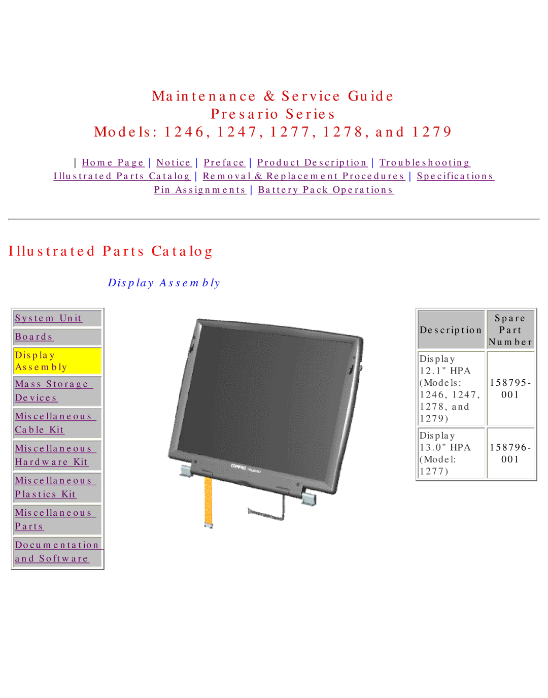 HP 1277, 1278 manual Display Assembly 