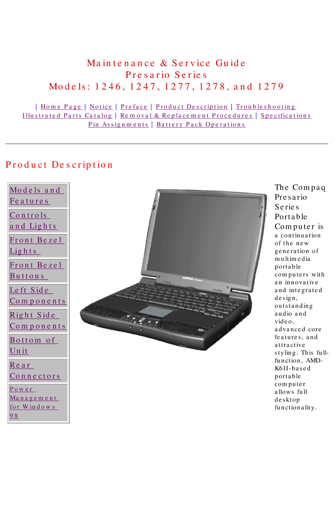 HP 1278, 1277 manual Product Description, Compaq Presario Series Portable Computer is 