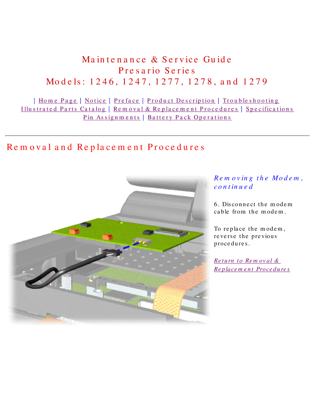 HP 1278, 1277 manual Removal and Replacement Procedures, Removing the Modem 