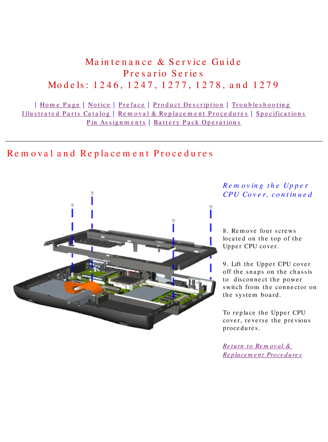 HP 1277, 1278 manual Removal and Replacement Procedures 