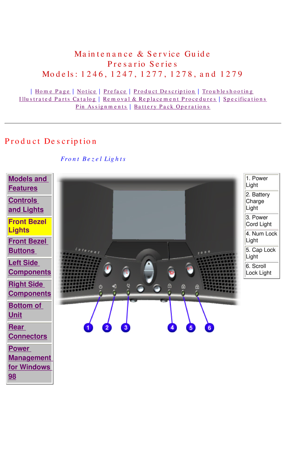 HP 1277, 1278 manual Front Bezel Lights 