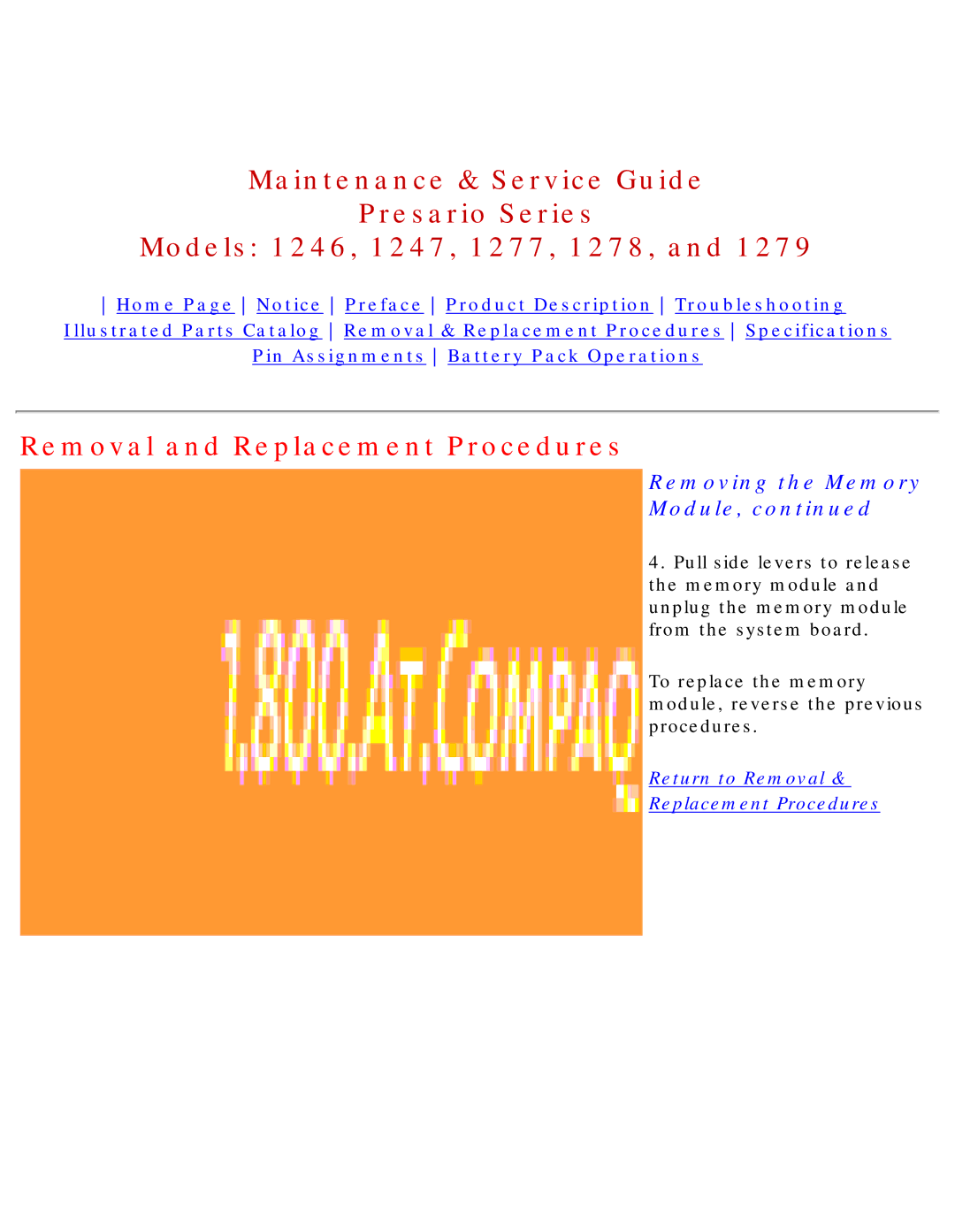 HP 1277, 1278 manual Removal and Replacement Procedures, Removing the Memory Module 