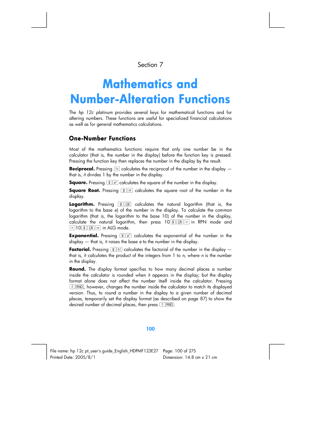 HP 12C Financial 12C manual Mathematics Number-Alteration Functions, One-Number Functions, 100 