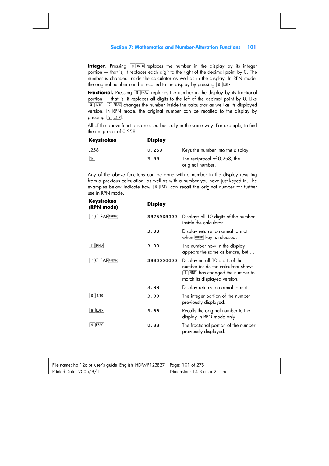 HP 12C Financial 12C manual Mathematics and Number-Alteration Functions, 258, 3880000000 