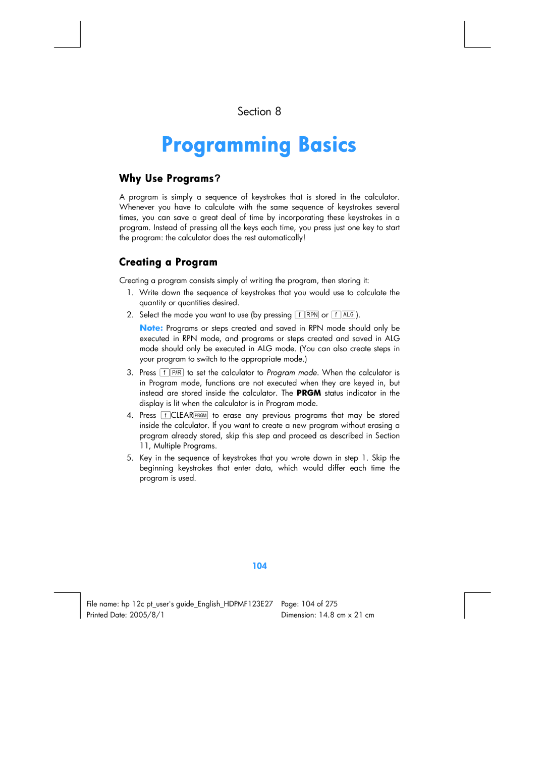 HP 12C Financial 12C manual Programming Basics, Why Use Programs?, Creating a Program, 104 