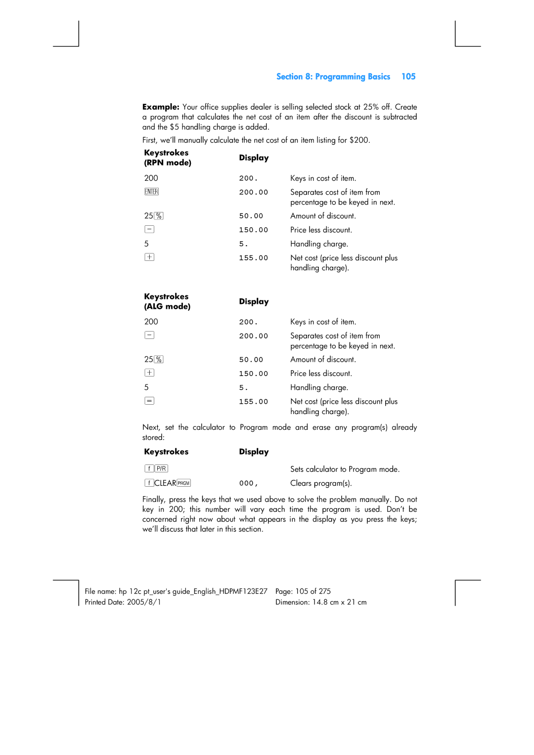 HP 12C Financial 12C manual Programming Basics, 200, 150.00, 155.00, 000 