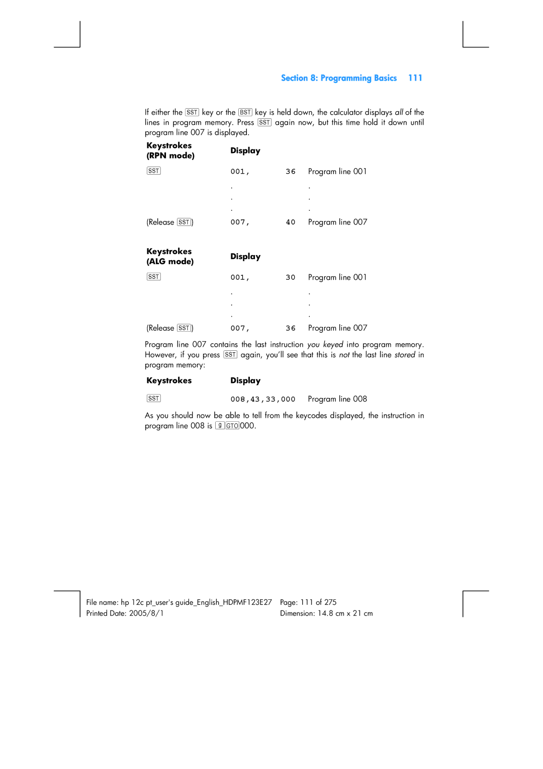 HP 12C Financial 12C manual 007, Keystrokes Display 008,43,33,000 Program line 