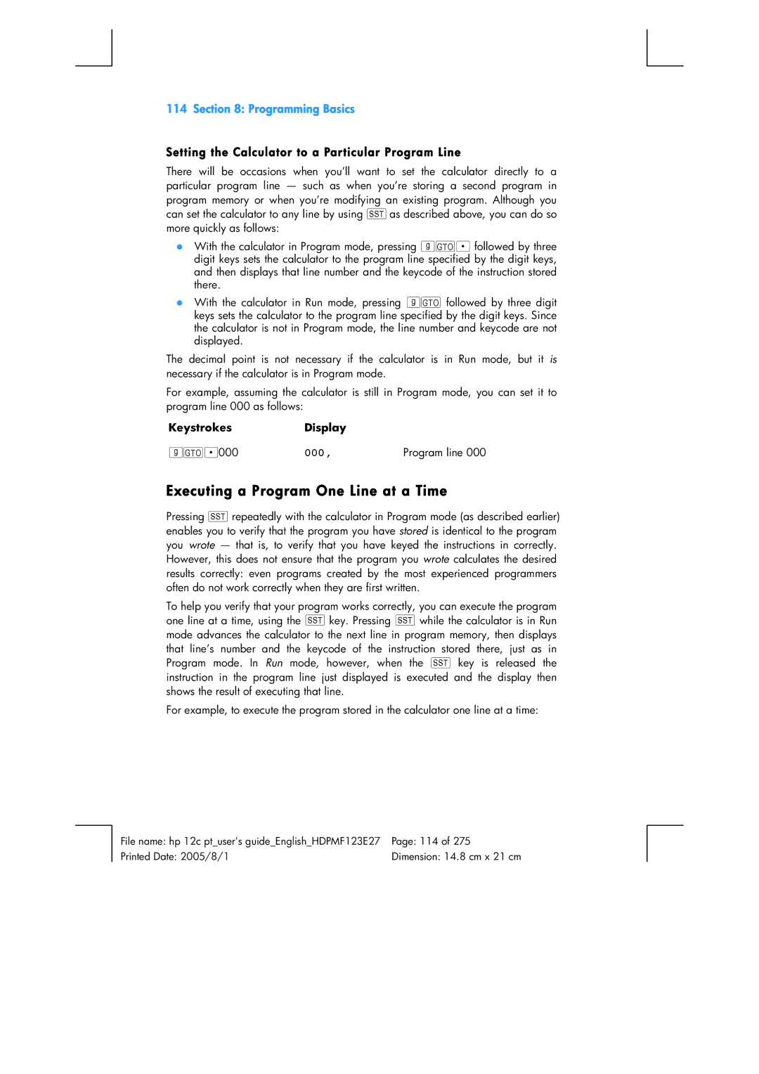 HP 12C Financial 12C manual Executing a Program One Line at a Time, Setting the Calculator to a Particular Program Line 