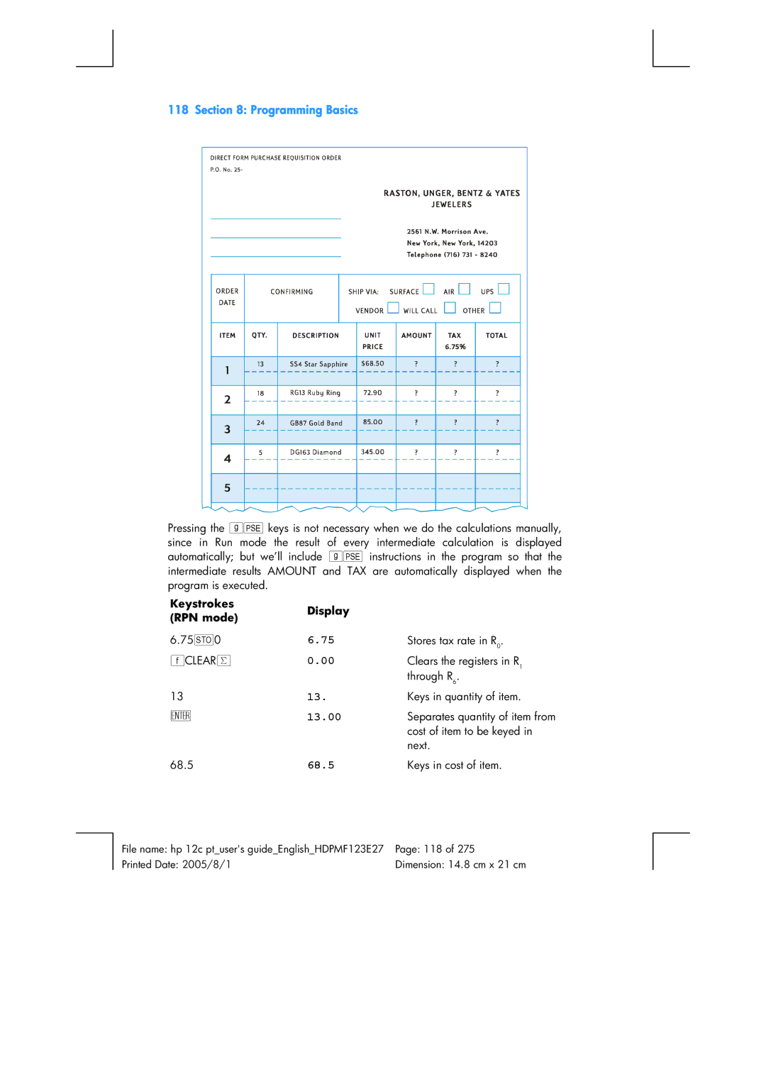 HP 12C Financial 12C manual 68.5, Keystrokes RPN mode 