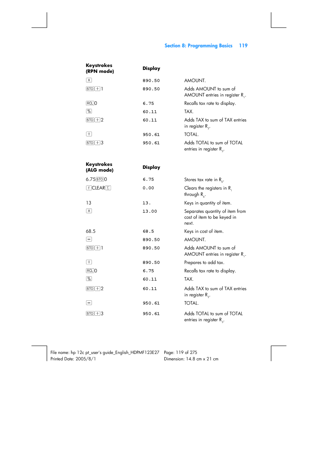 HP 12C Financial 12C manual 119, Keystrokes RPN mode ?+1 ?+2 ?+3 Keystrokes ALG mode 