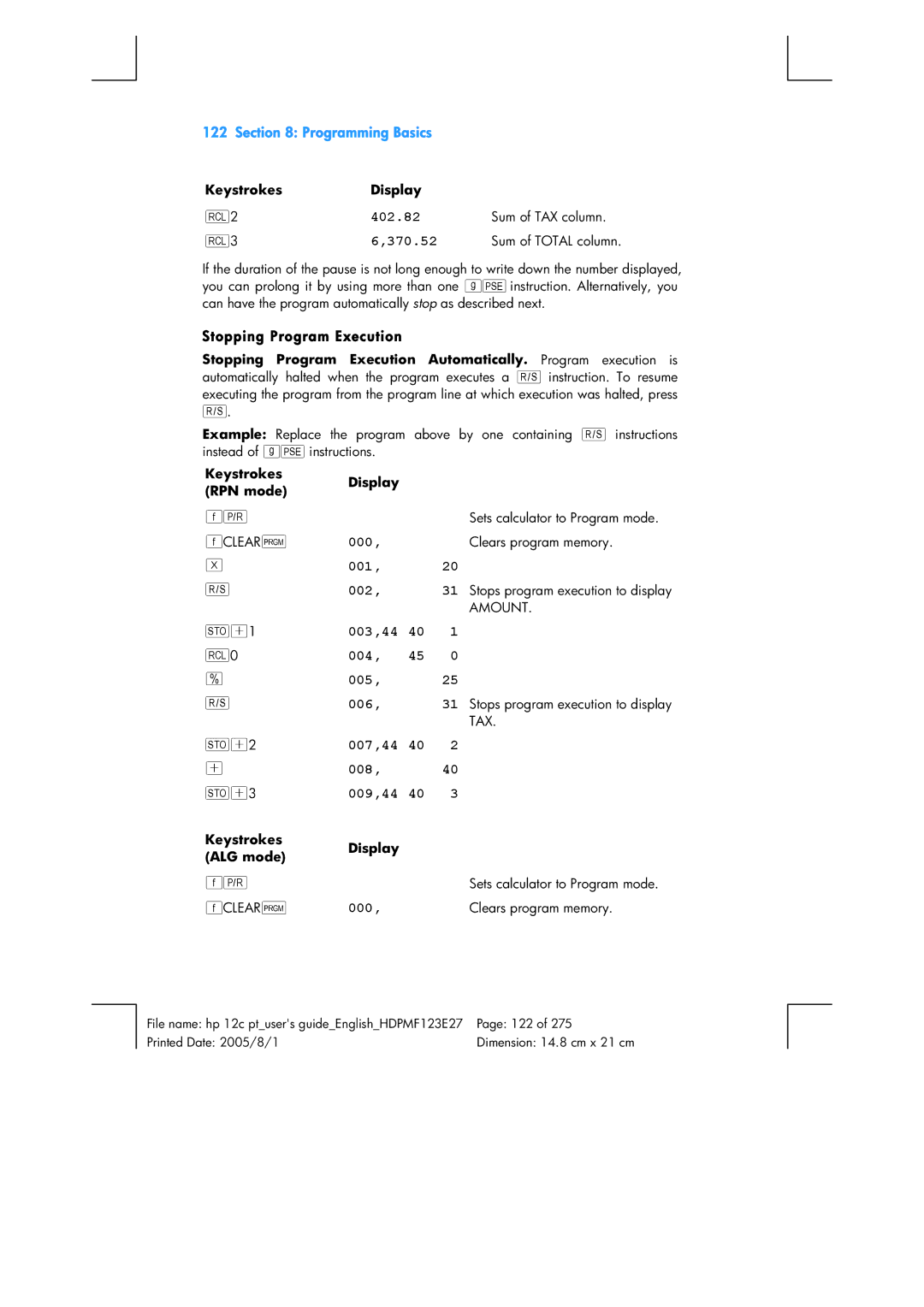 HP 12C Financial 12C manual 402.82, 370.52, Stopping Program Execution, 003,44 004 005 006, 007,44 008 009,44 