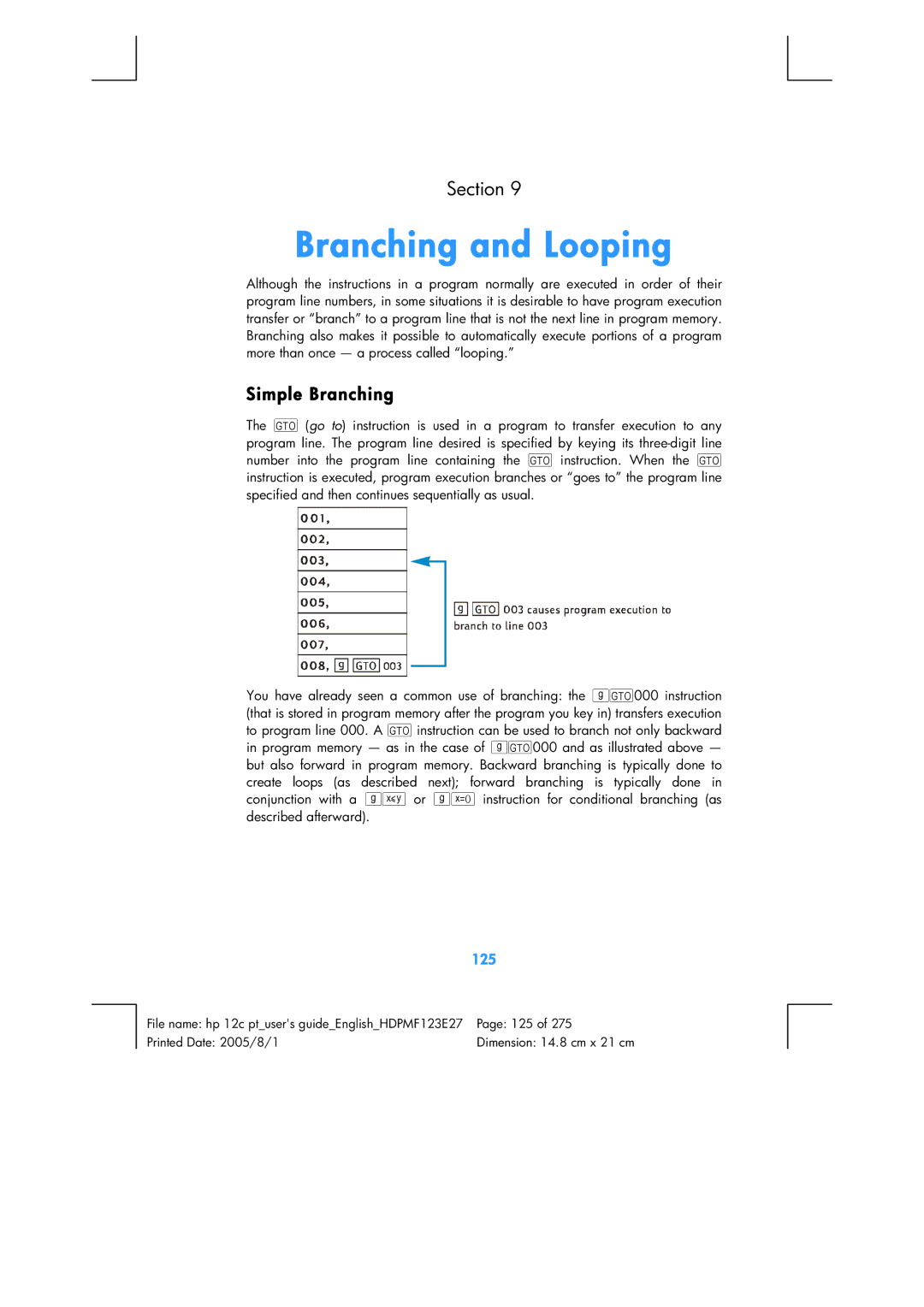 HP 12C Financial 12C manual Branching and Looping, Simple Branching, 125 