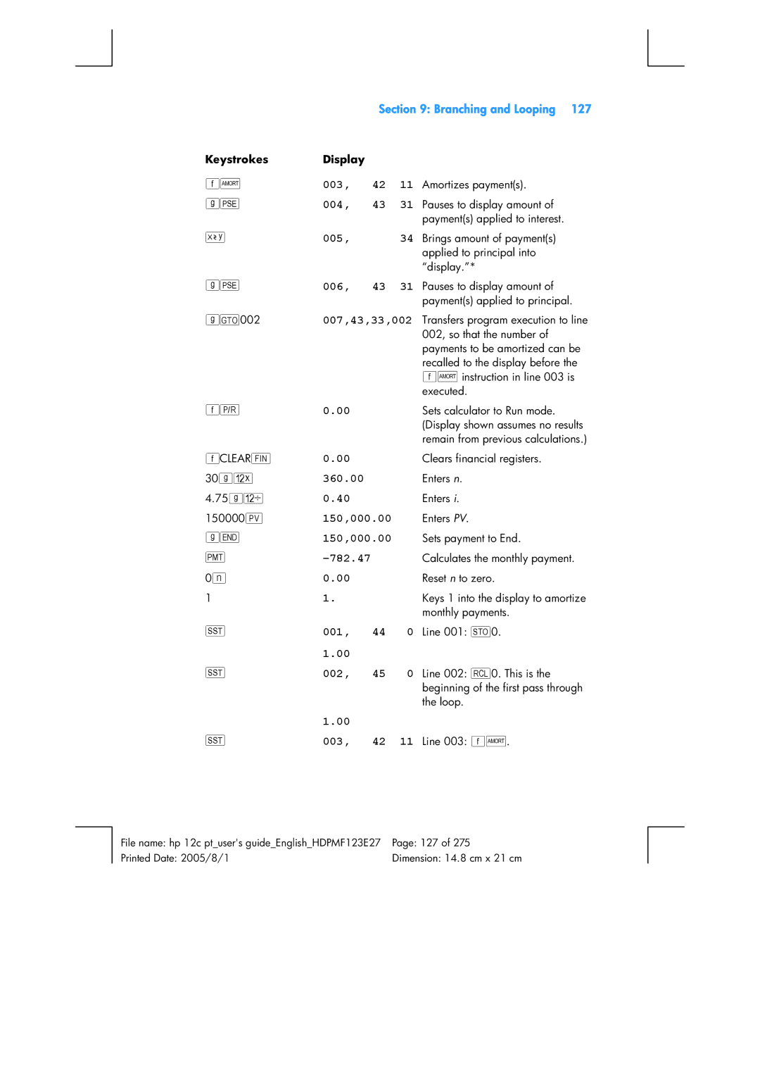 HP 12C Financial 12C manual 007,43,33,002, 150,000.00, 782.47 