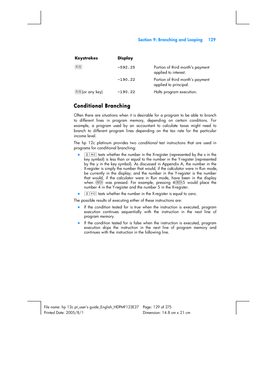 HP 12C Financial 12C manual Conditional Branching, 592.25, 190.22 