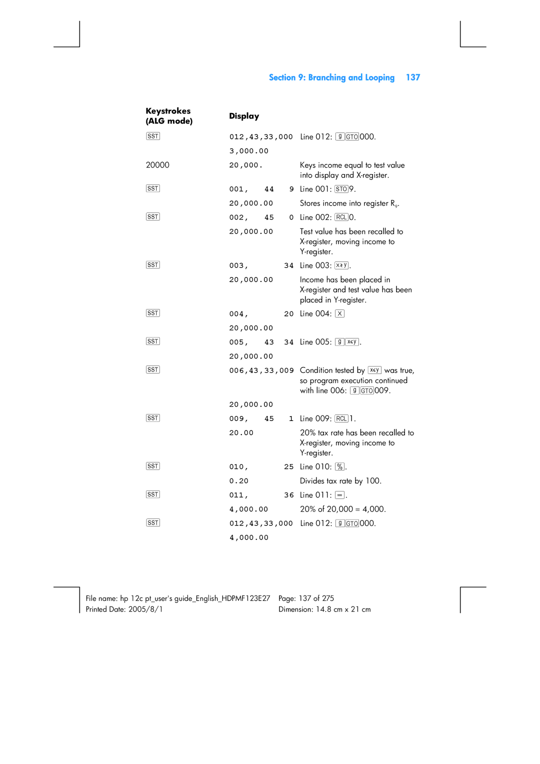 HP 12C Financial 12C manual 012,43,33,000 Line 012 gi000 000.00, 005, 43 34 Line 005 go 20,000.00, 20,000.00 009, Line 009 