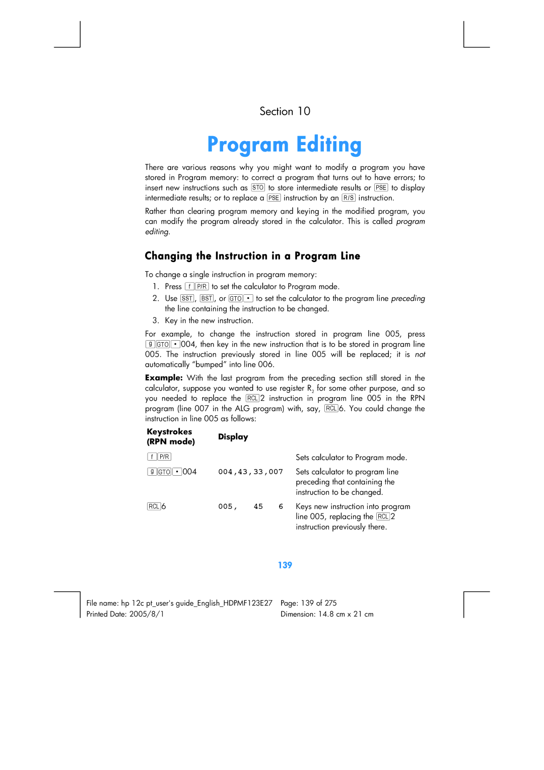 HP 12C Financial 12C manual Program Editing, Changing the Instruction in a Program Line, 139 