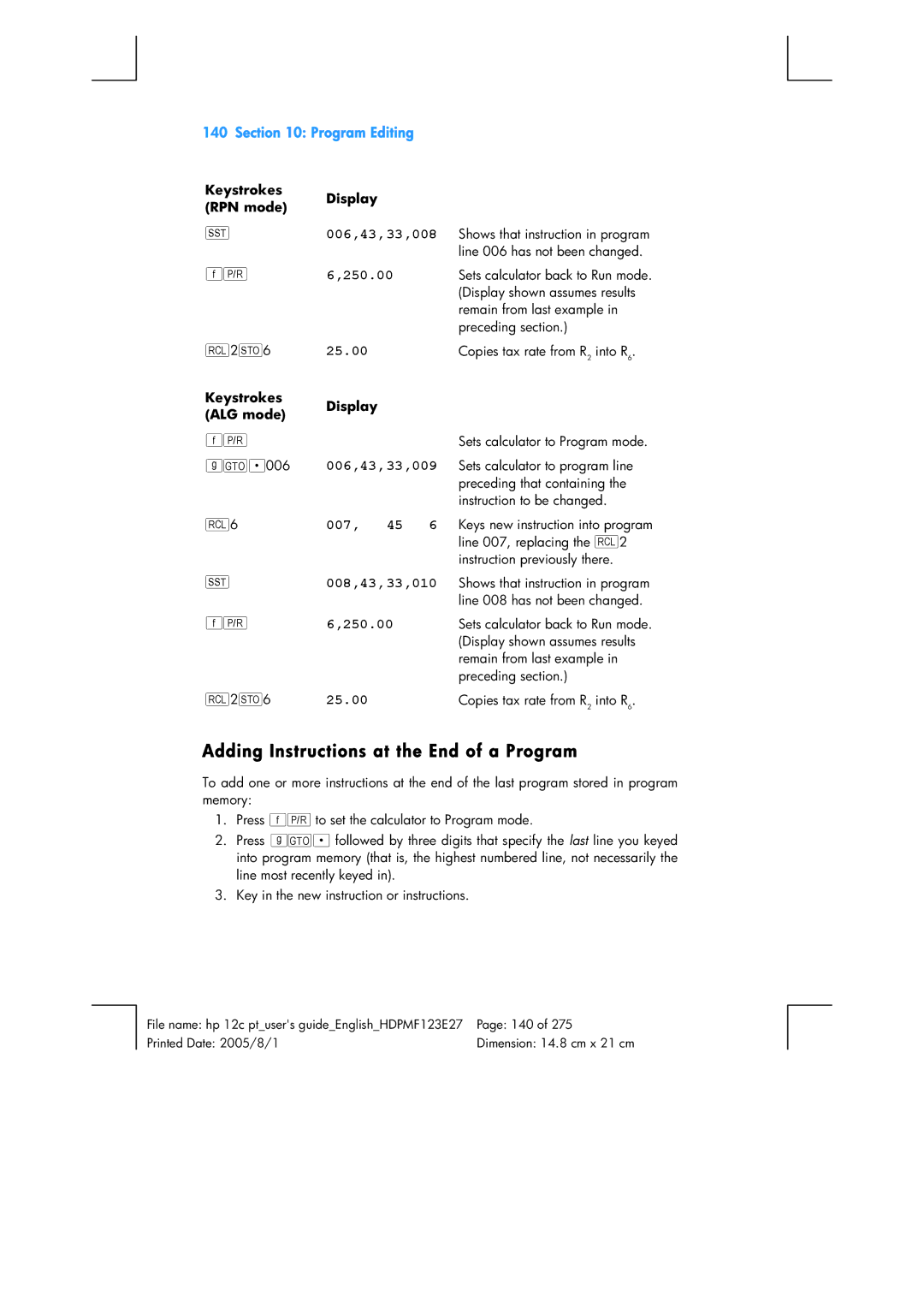 HP 12C Financial 12C manual Adding Instructions at the End of a Program, Program Editing 