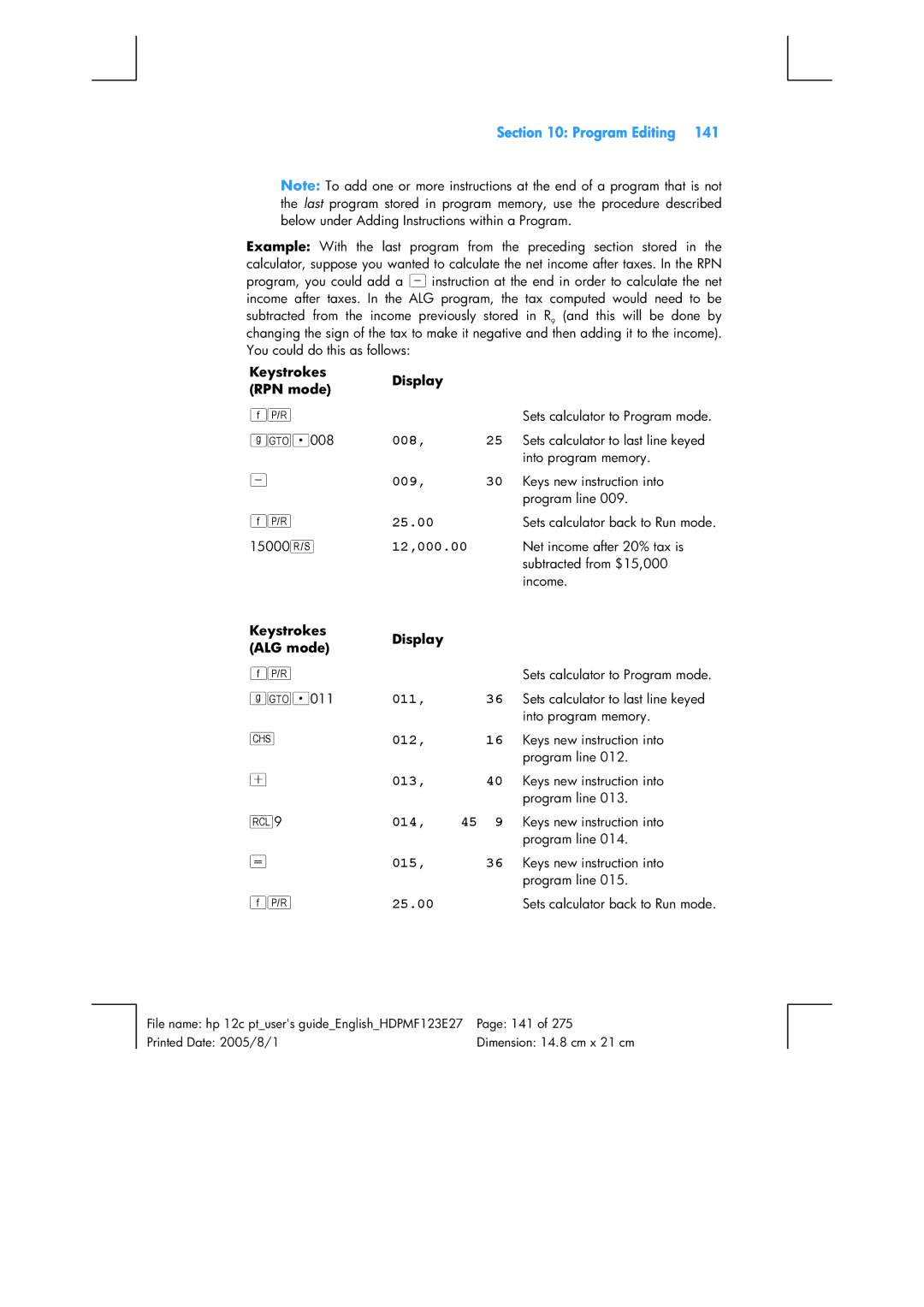 HP 12C Financial 12C manual 12,000.00, 012, 013, 014, 015 