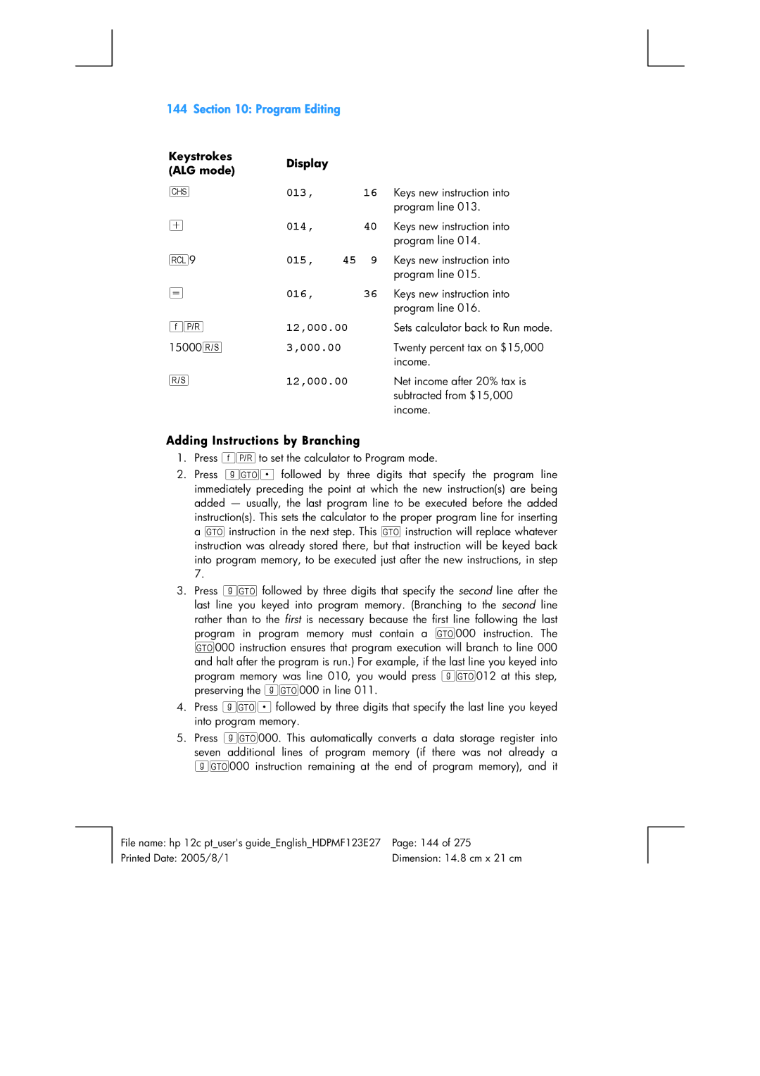 HP 12C Financial 12C manual 016, Adding Instructions by Branching 