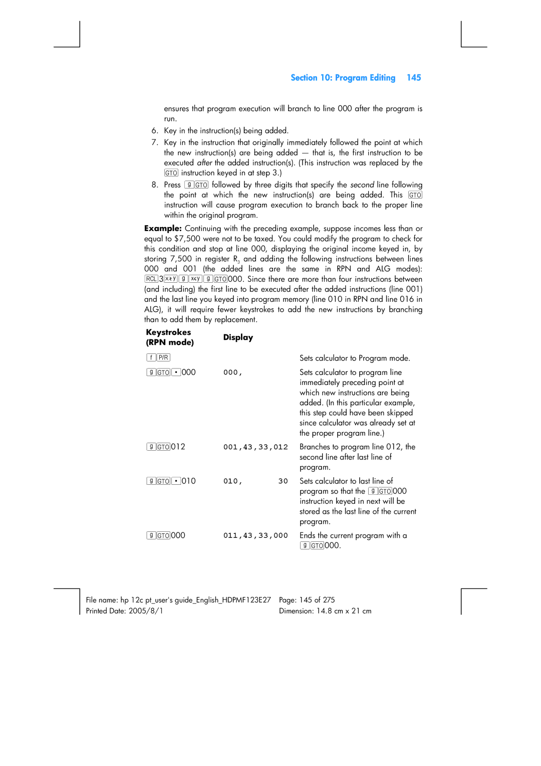 HP 12C Financial 12C manual 001,43,33,012, 011,43,33,000, Keystrokes RPN mode Fs gi.000, Gi.010 